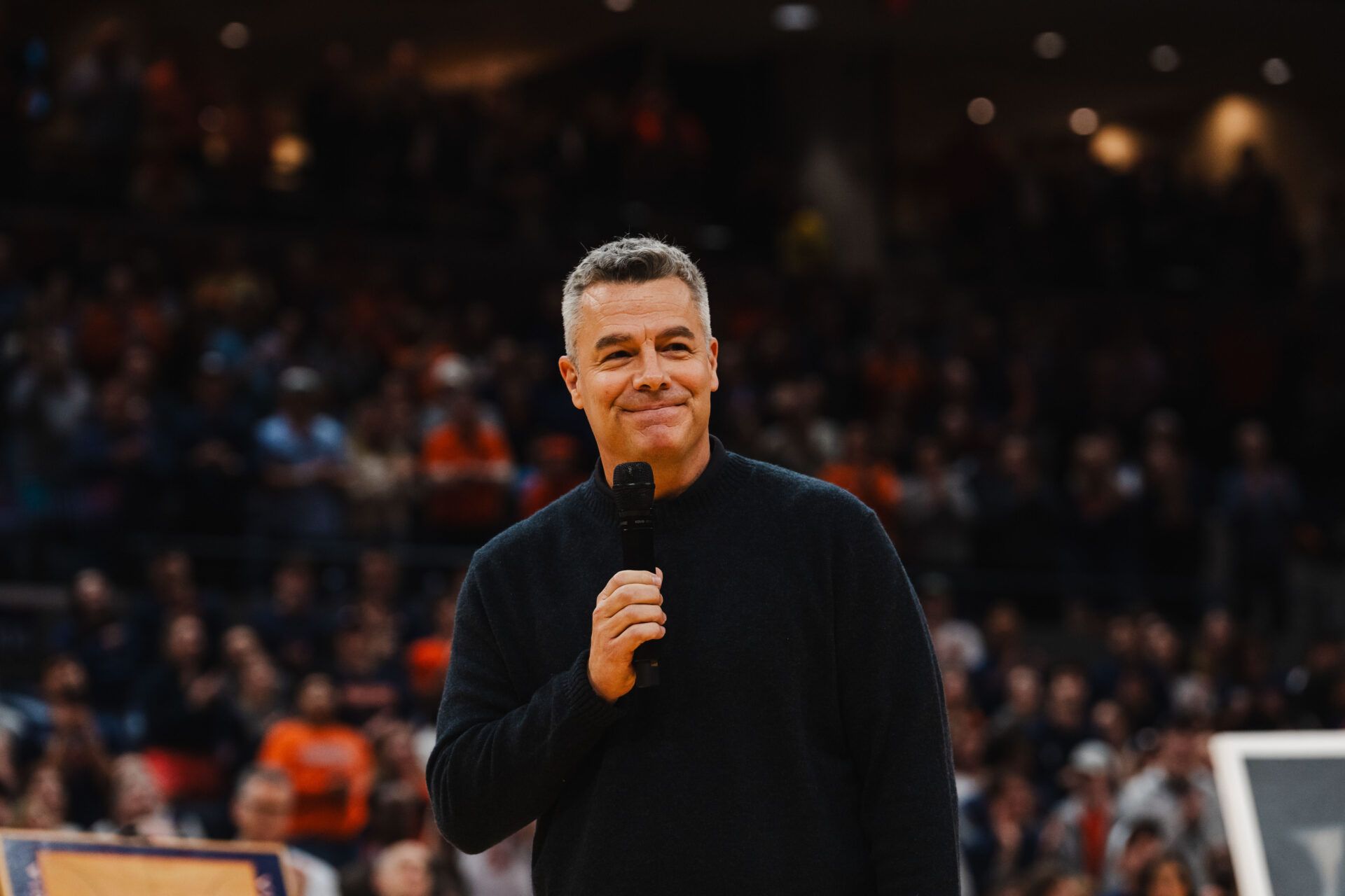 Virginia Cavaliers retired head coach Tony Bennett speaks during a court dedication before the game against the Miami (FL) Hurricanes at John Paul Jones Arena.
