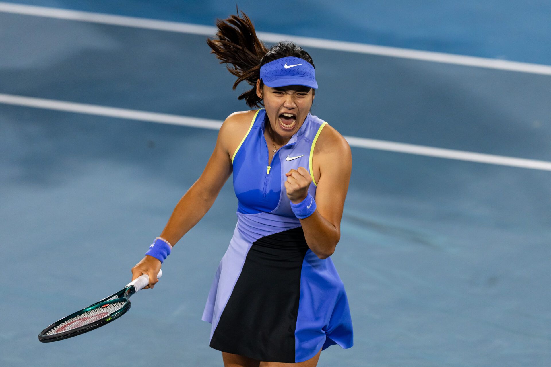 Emma Raducanu of United Kingdom celebrates her victory over Mananchaya Sawangkaew of Thailand in the first round of the women’s singles at the Australian Open at Margaret Court Arena in Melbourne Park.