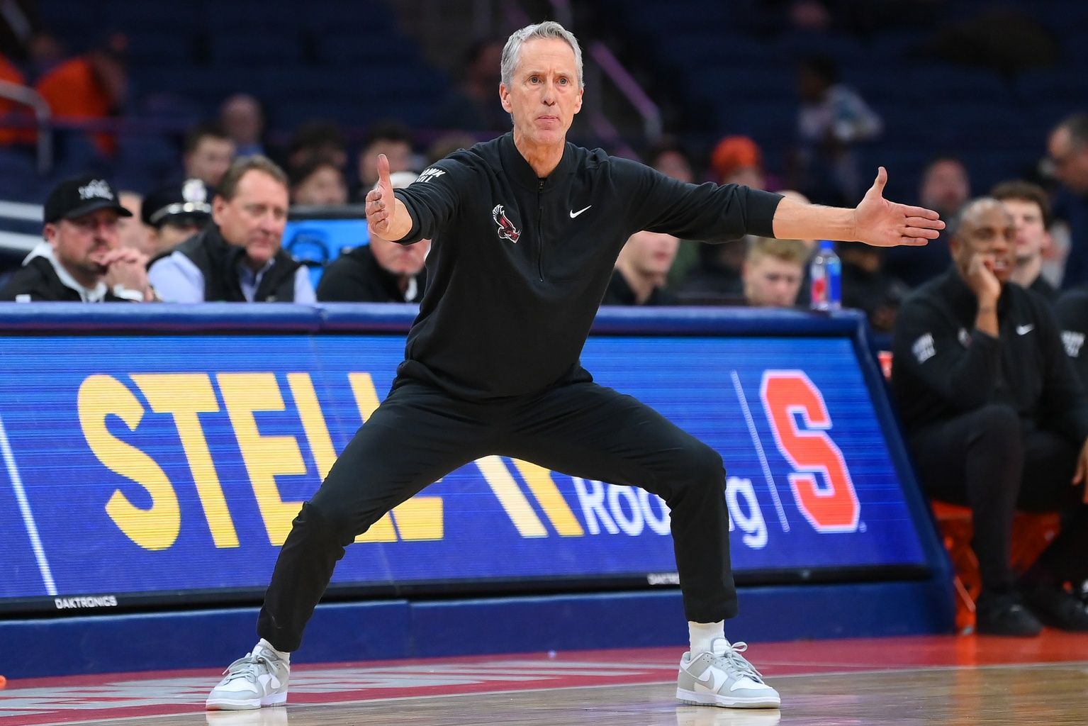 Saint Joseph's Hawks head coach Steve Donahue reacts against the Syracuse Orange during the second half at the JMA Wireless Dome.