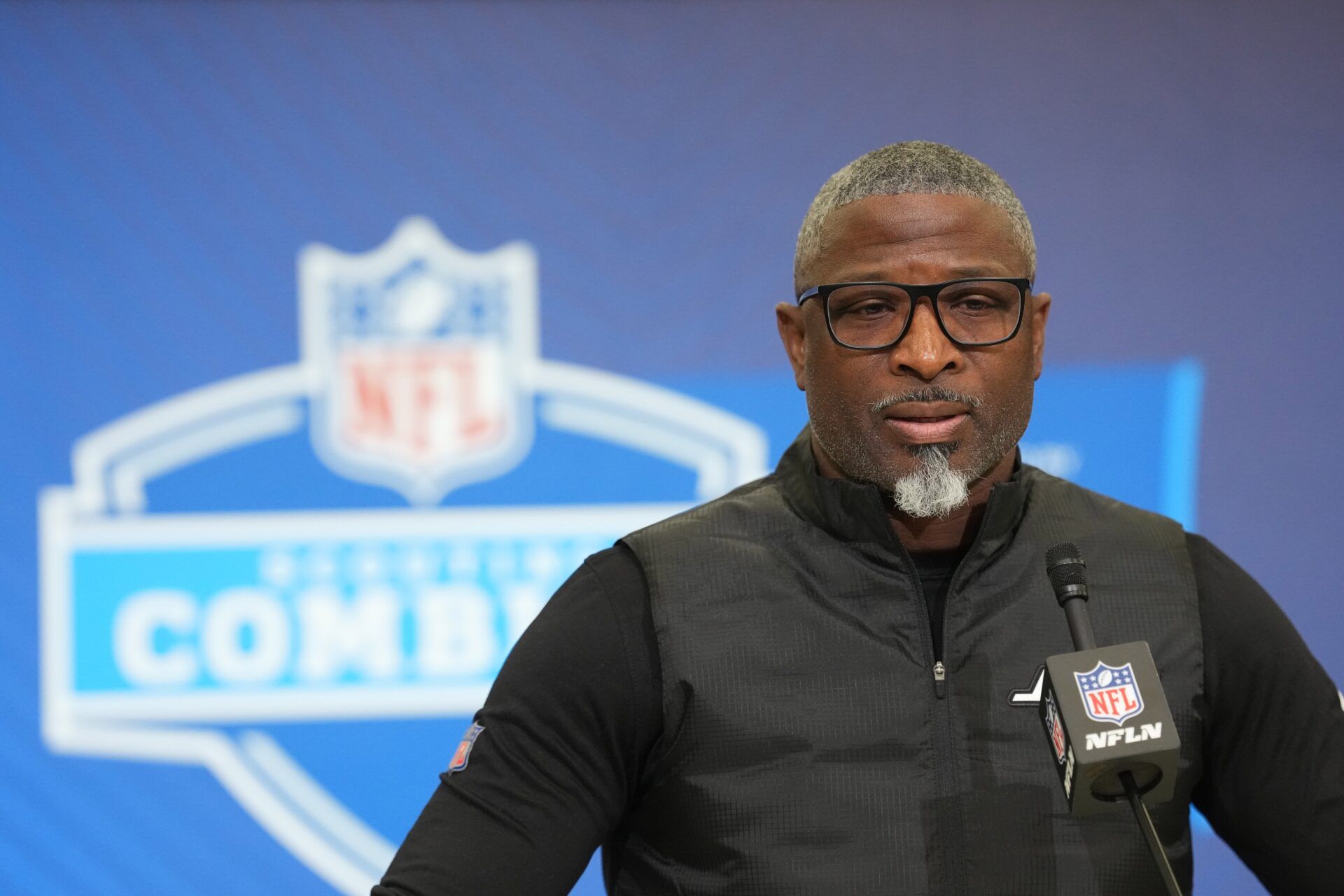 New York Jets coach Aaron Glenn speaks at the NFL Scouting Combine at the Indiana Convention Center.