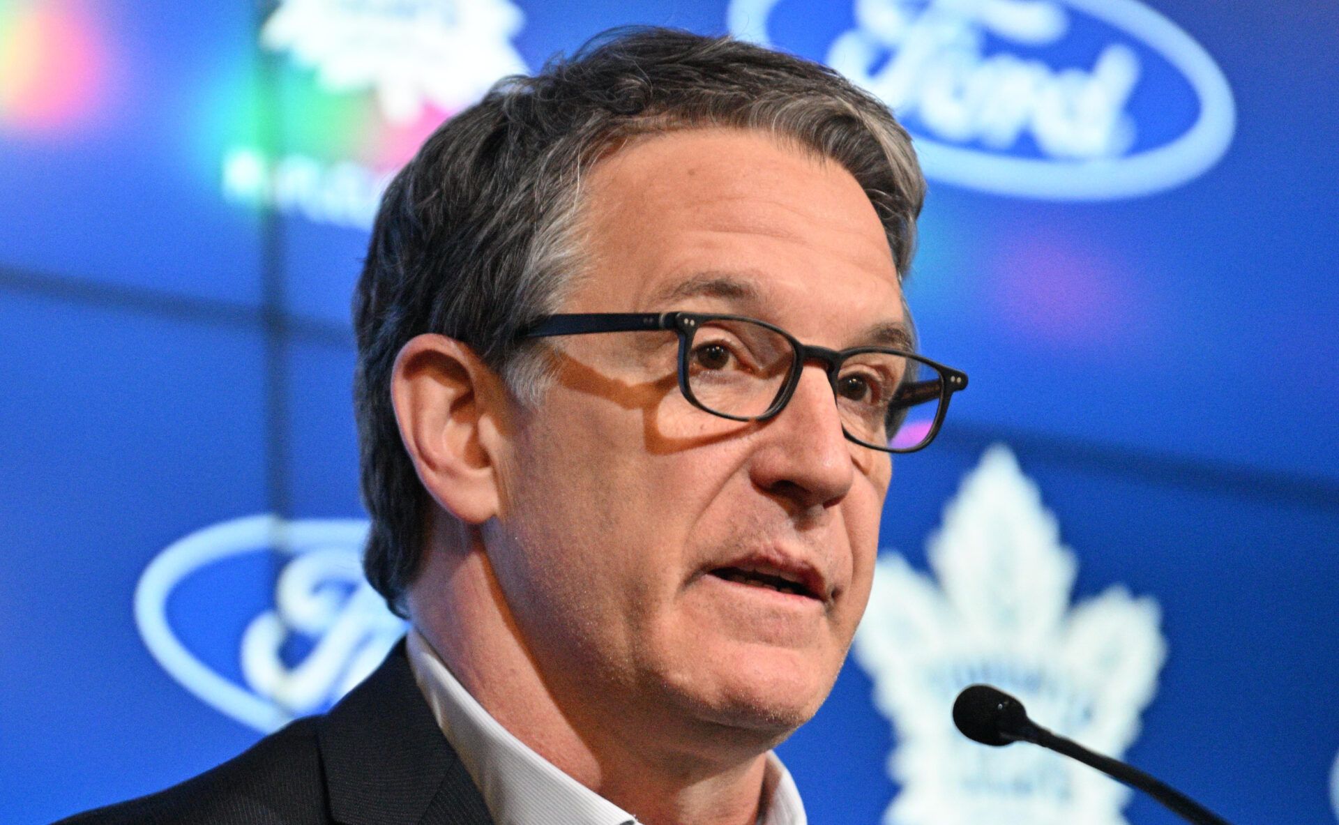 Toronto Maple Leafs president Brendan Shanahan speaks during a media conference to introduce new head coach Craig Berube (not shown) at Ford Performance Centre.