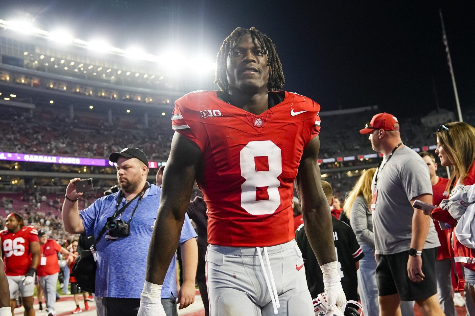 Ohio State Buckeyes linebacker Arvell Reese (8) leaves the field following the NCAA football game against the Ohio Bobcats at Ohio Stadium on Sept. 13, 2025. Ohio State won 37-9.