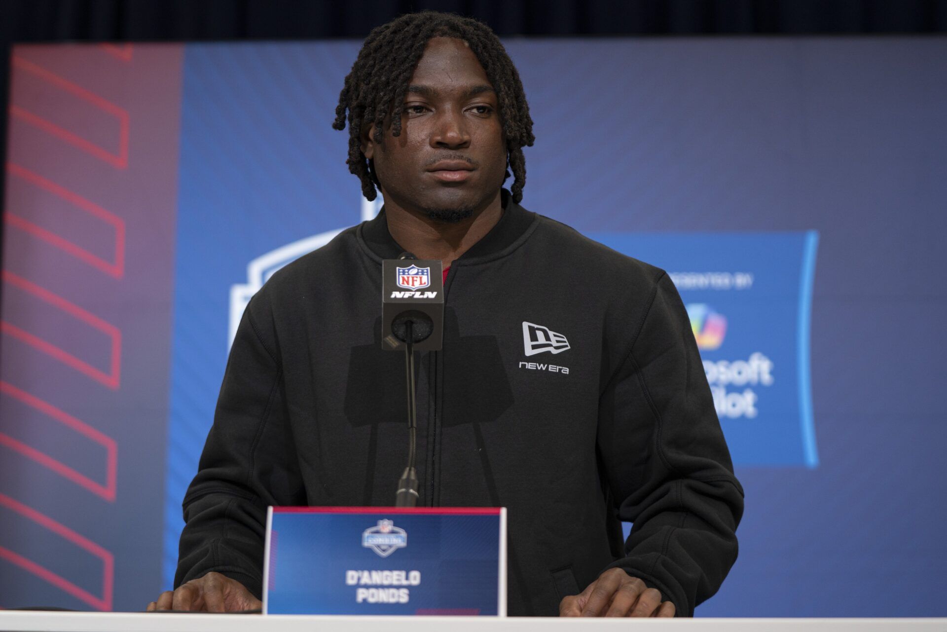 Indiana defensive back D'Angelo Ponds (DB25) speaks at the podium during the NFL Combine at the Indiana Convention Center.