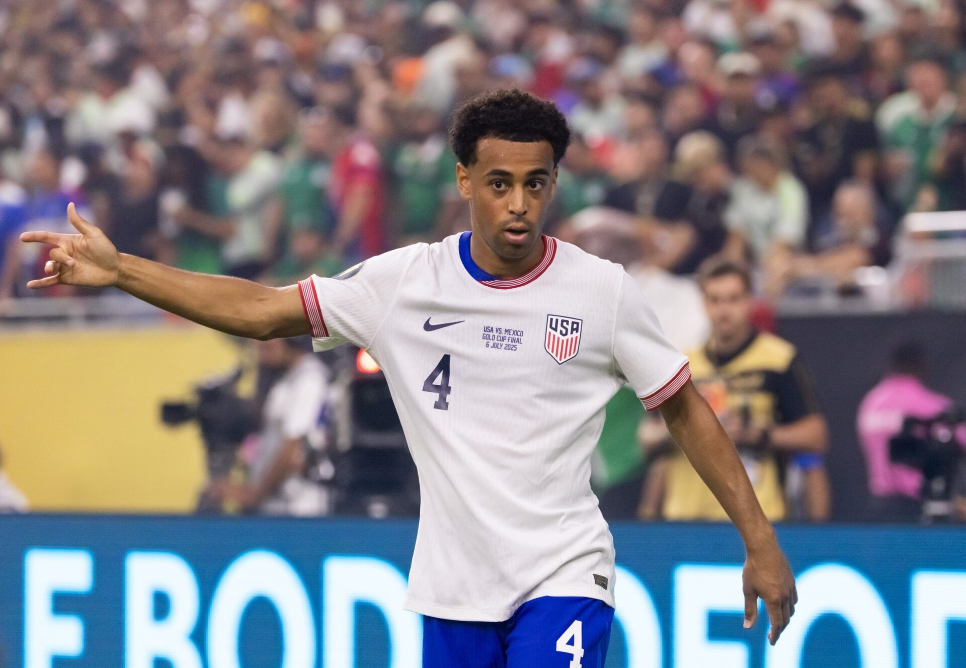 United States midfielder Tyler Adams (4) against Mexico during the 2025 Gold Cup Final soccer match at NRG Stadium.