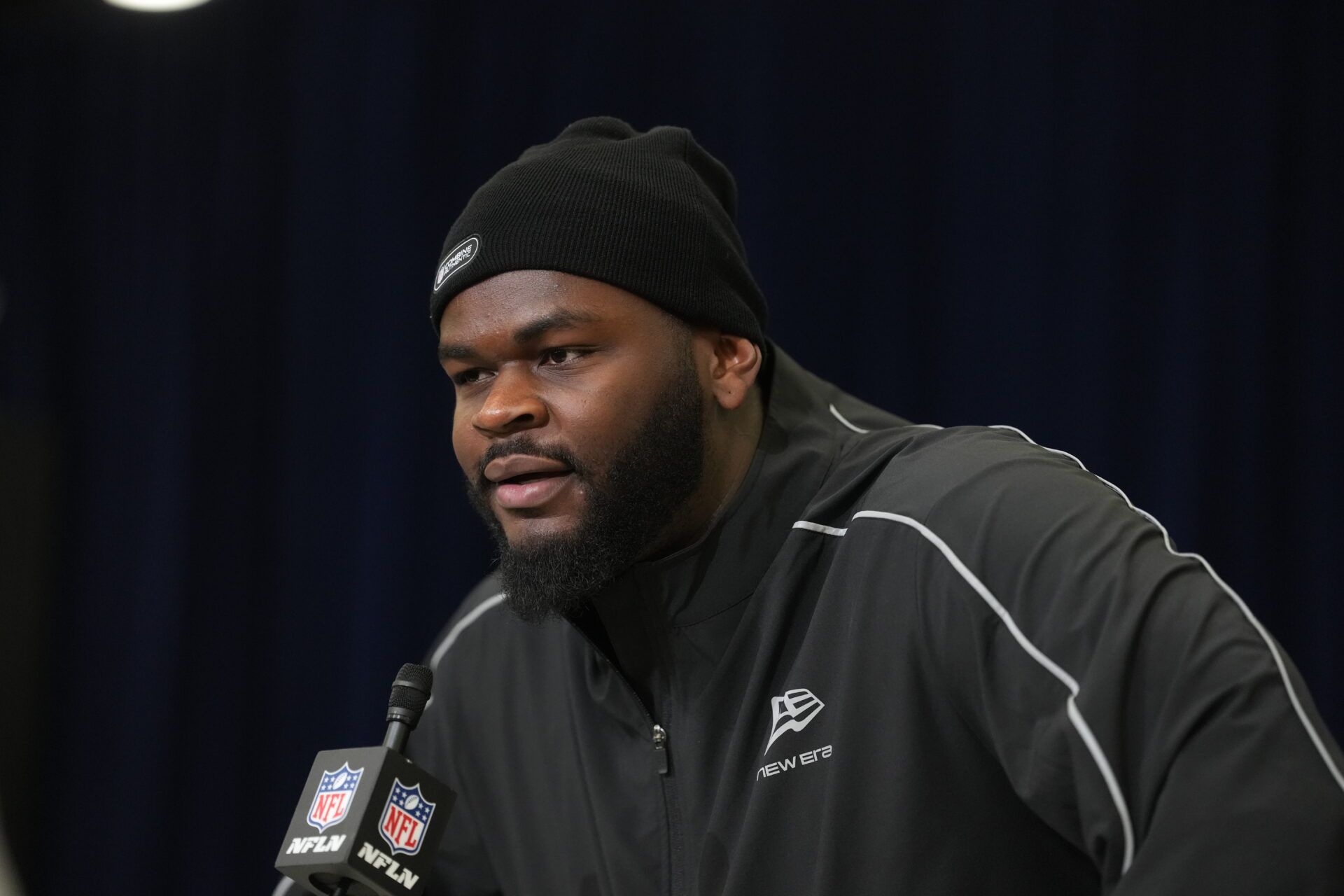 Florida defensive lineman Caleb Banks (DL02) speaks during the NFL Scouting Combine at the Indiana Convention Center.