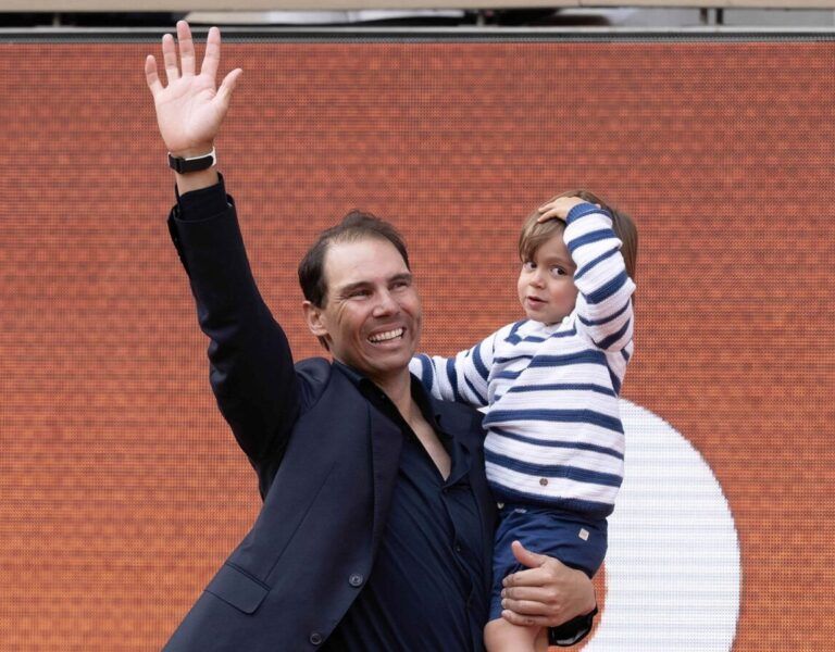 Rafael Nadal of Spain and his son, Rafael Jr. during the presentation ceremony paying tribute to his career on a packed Court Philippe Chatrier Courtday on day one at Roland Garros Stadium.