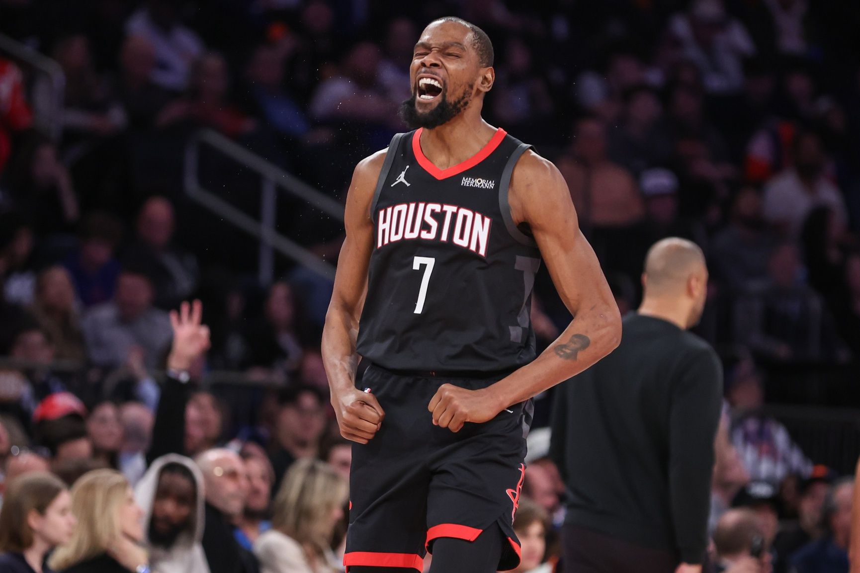Houston Rockets forward Kevin Durant (7) celebrates after scoring in the third quarter against the New York Knicks at Madison Square Garden.