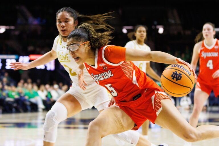 Syracuse guard Laila Phelia (5) drives to the basket during a NCAA women's basketball game against Notre Dame at Purcell Pavilion on Thursday, Feb. 26, 2026, in South Bend.