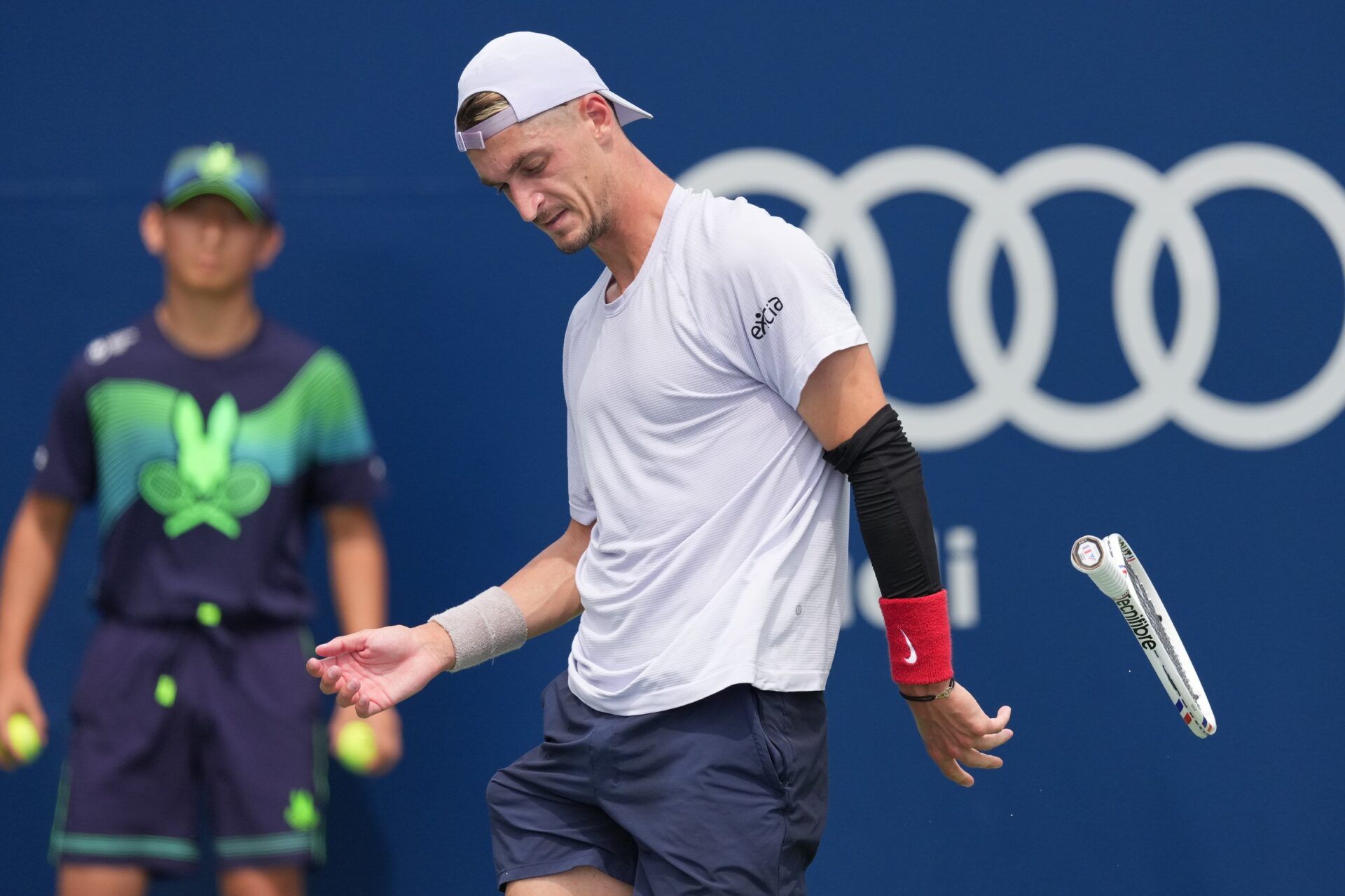 Terence Atmane (FRA) throws his racket after losing a point to Facundo Bagnis (not pictured) during qualifying play at Sobeys Stadium.