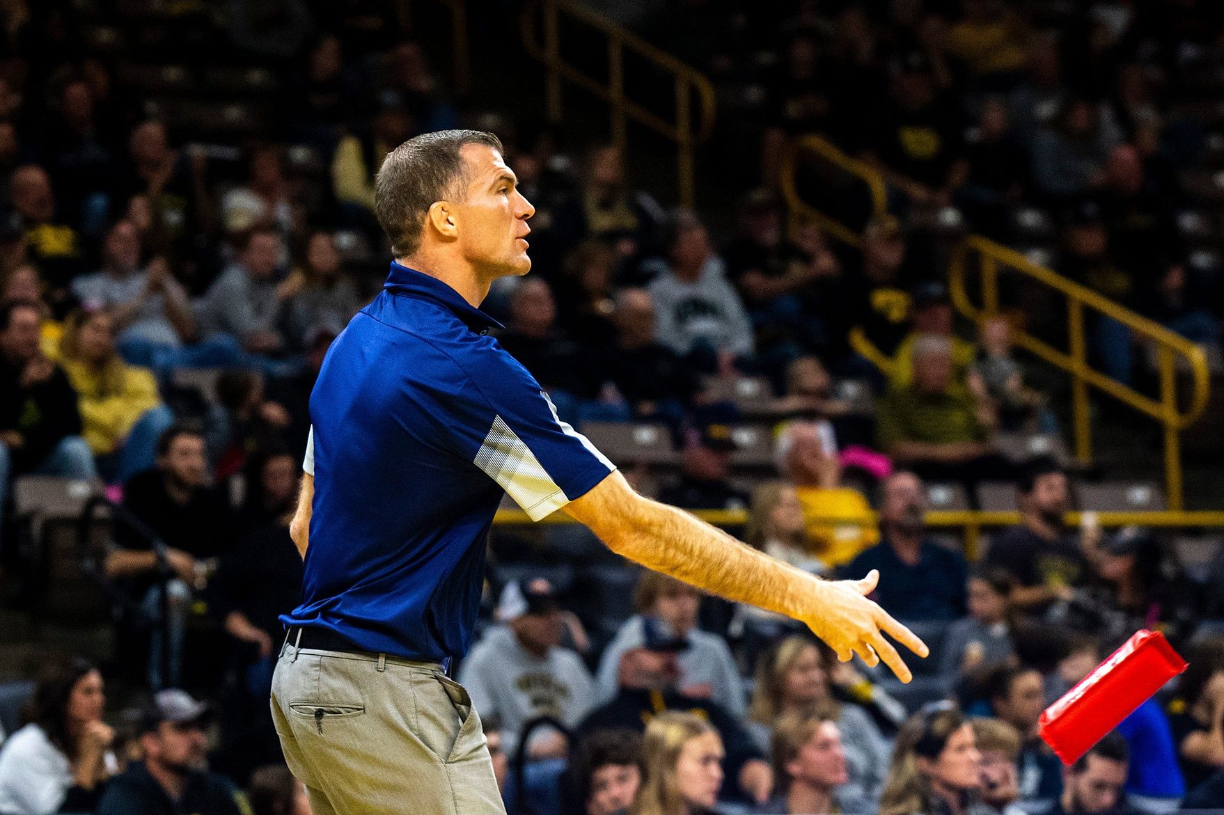 California Baptist head coach Derek Moore throws a challenge brick during a NCAA wrestling dual against Iowa, Sunday, Nov. 13, 2022, at Carver-Hawkeye Arena in Iowa City, Iowa.
221113 Cal Baptist Iowa Wr 050 Jpg