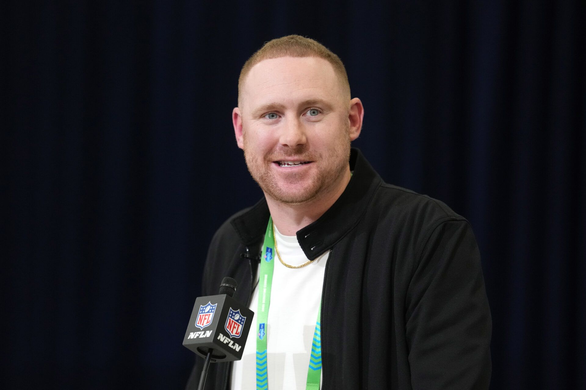 Buffalo Bills coach Joe Brady speaks at the NFL Scouting Combine at the Indiana Convention Center.