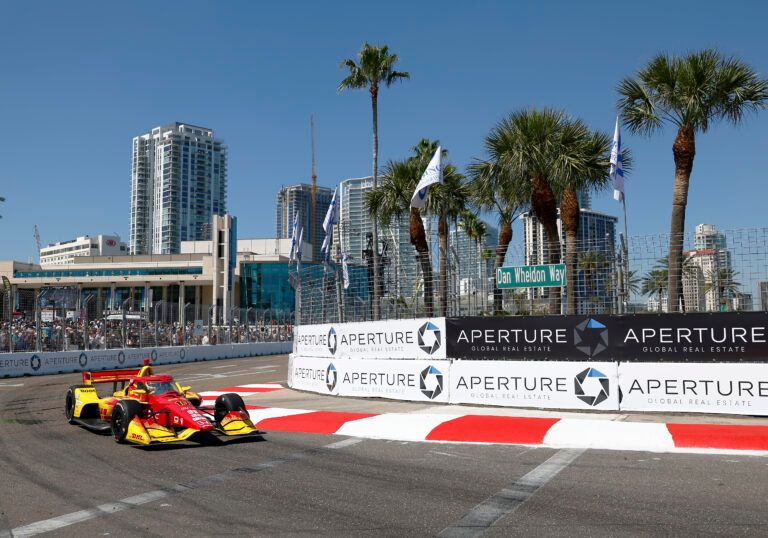 Driver Alex Palou (10) of Team Chip Ganassi Racing goes around turn 10 in the Firestone Grand Prix on the Streets of St. Petersburg.
