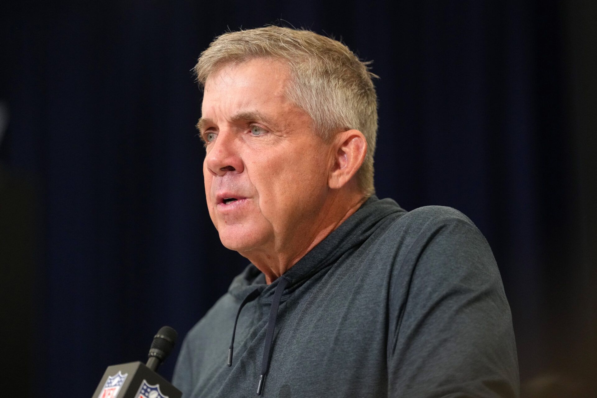 Denver Broncos coach Sean Payton speaks at the NFL Scouting Combine at the Indiana Convention Center.