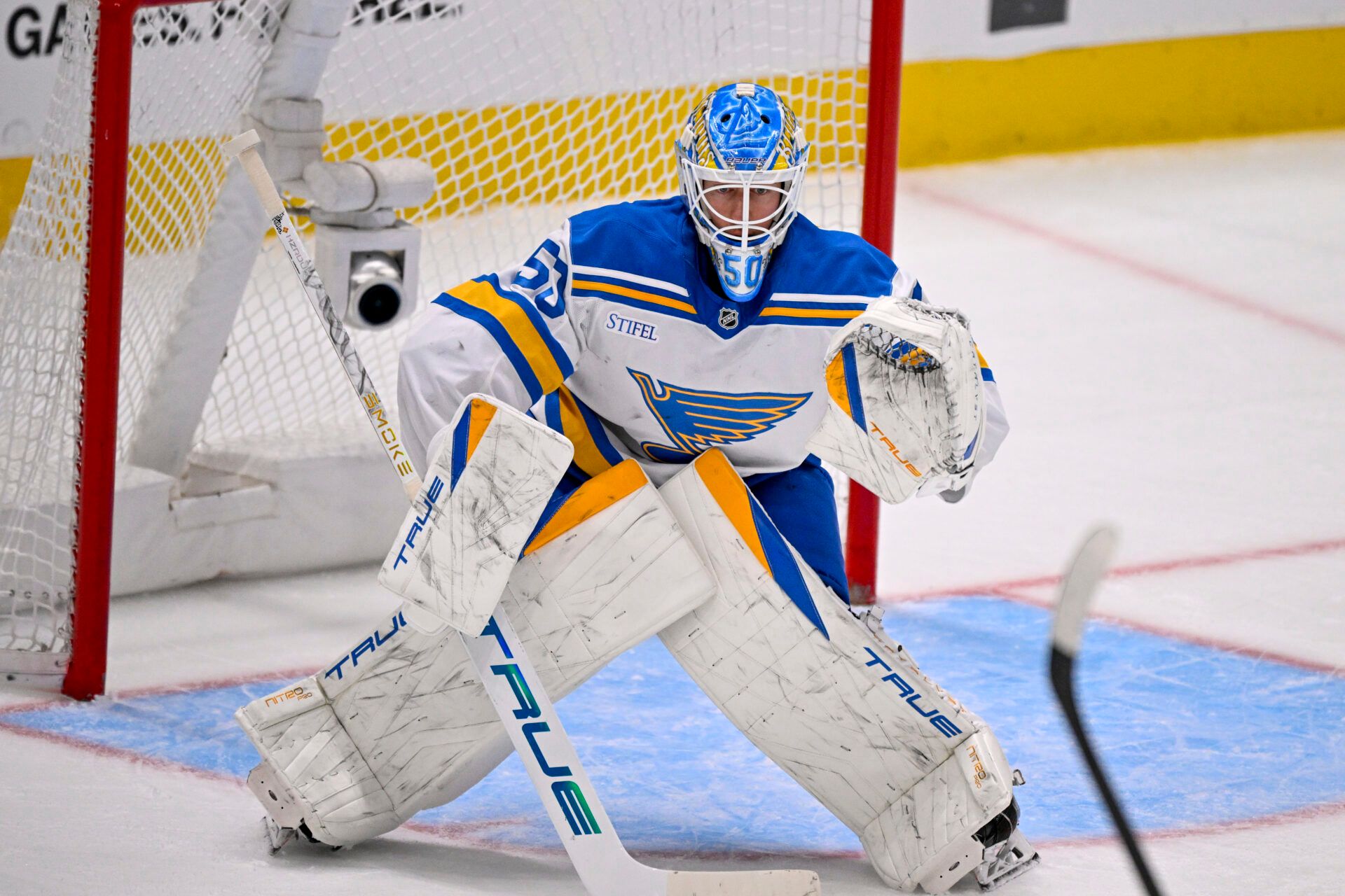 St. Louis Blues goaltender Jordan Binnington (50) at the American Airlines Center.