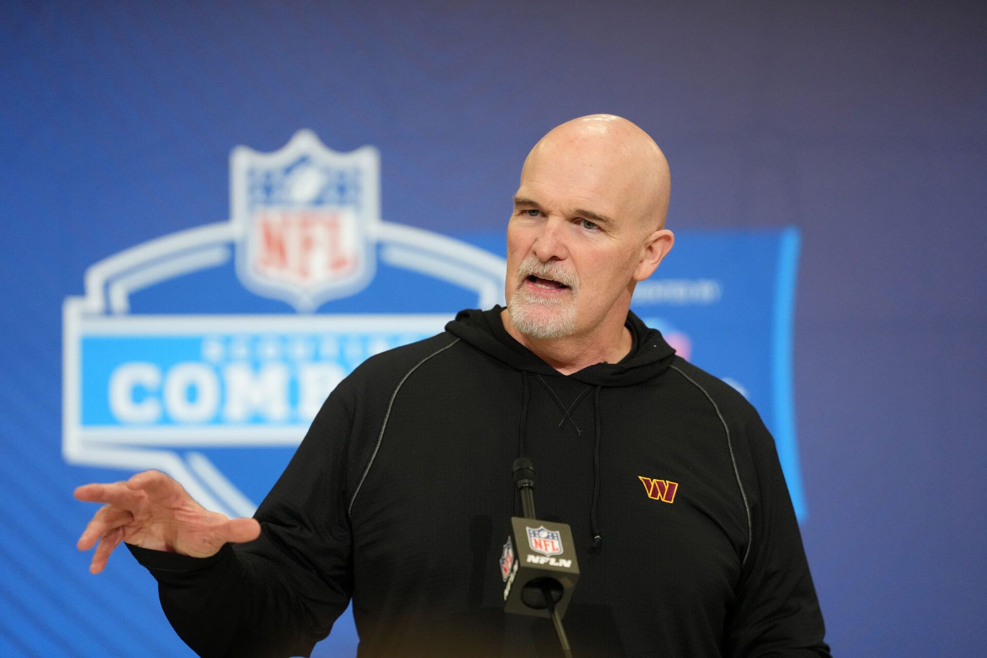 Washington Commanders coach Dan Quinn speaks at the NFL Scouting Combine at the Indiana Convention Center.