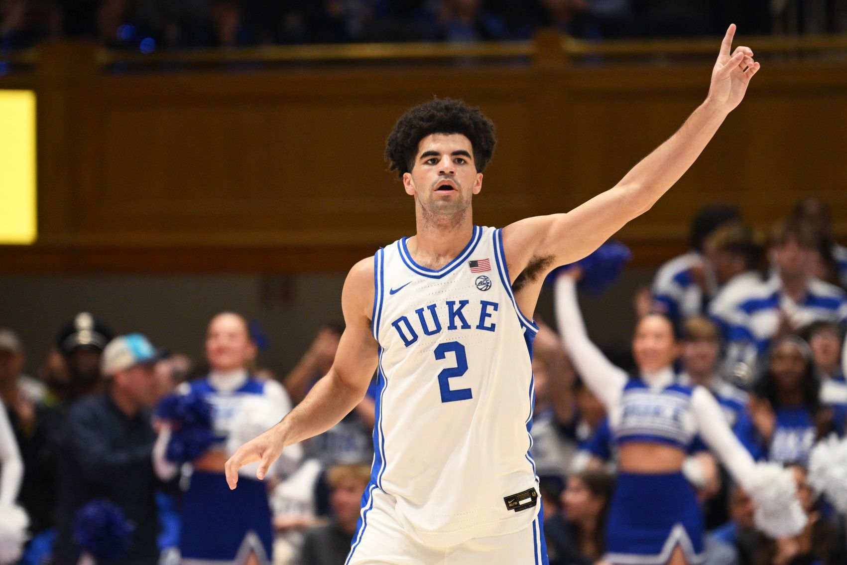 Duke Blue Devils guard Cayden Boozer (2) reacts during the second half against the Syracuse Orange at Cameron Indoor Stadium.
