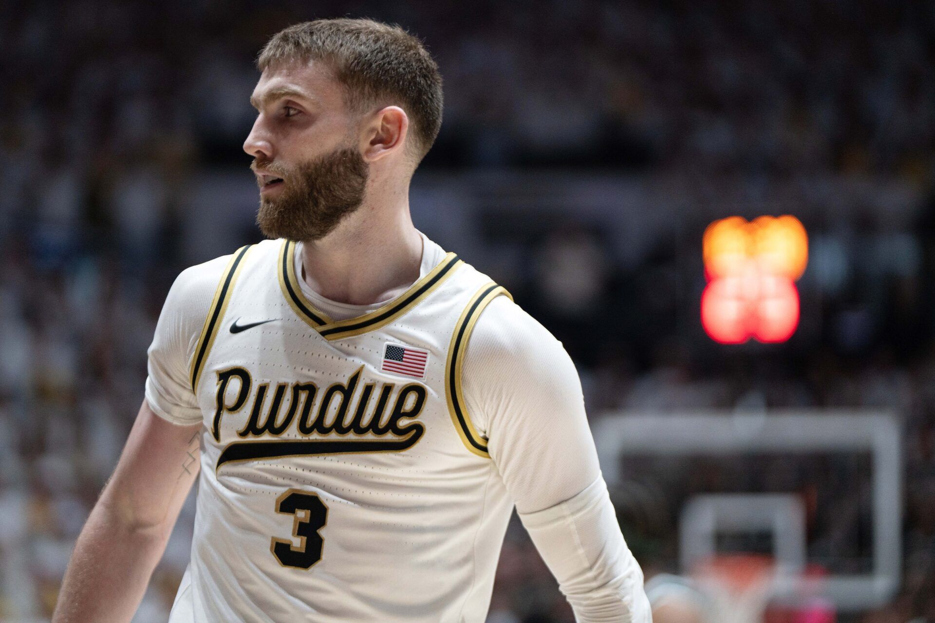 Purdue Boilermakers guard Braden Smith (3) looks at a referee during the first half of a game against the Michigan State Spartans at Mackey Arena.