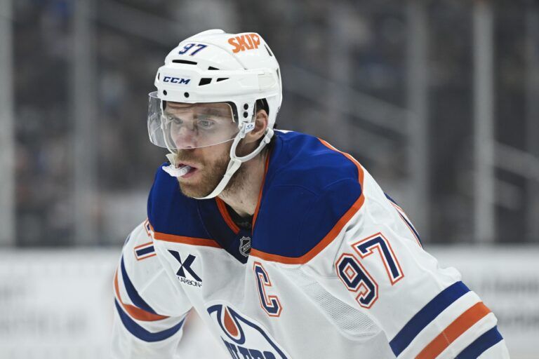 Edmonton Oilers center Connor McDavid (97) is seen on the ice during the first period against the Los Angeles Kings at Crypto.com Arena.