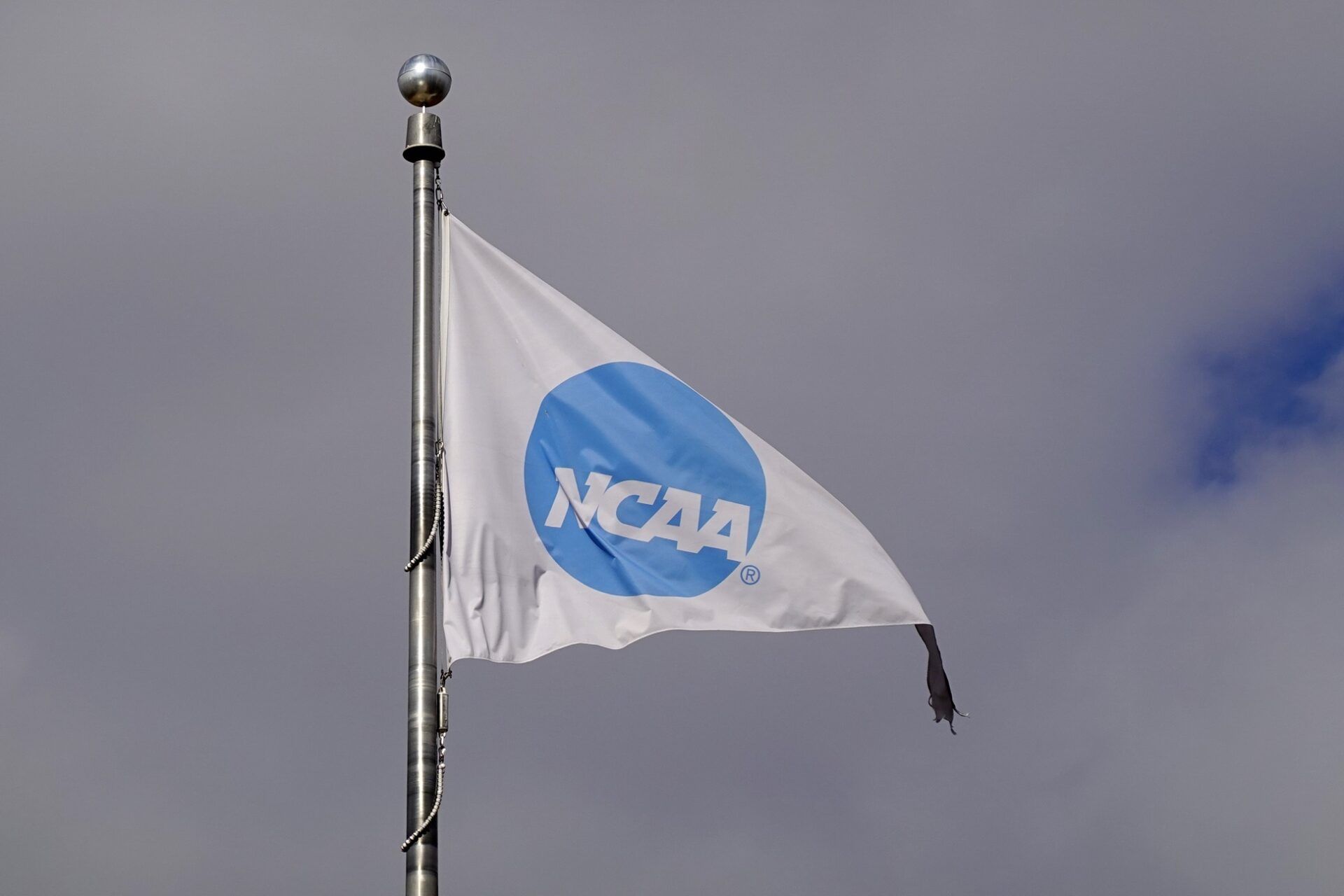 A NCAA logo flag at the Hall of Champions at the NCAA National Office.