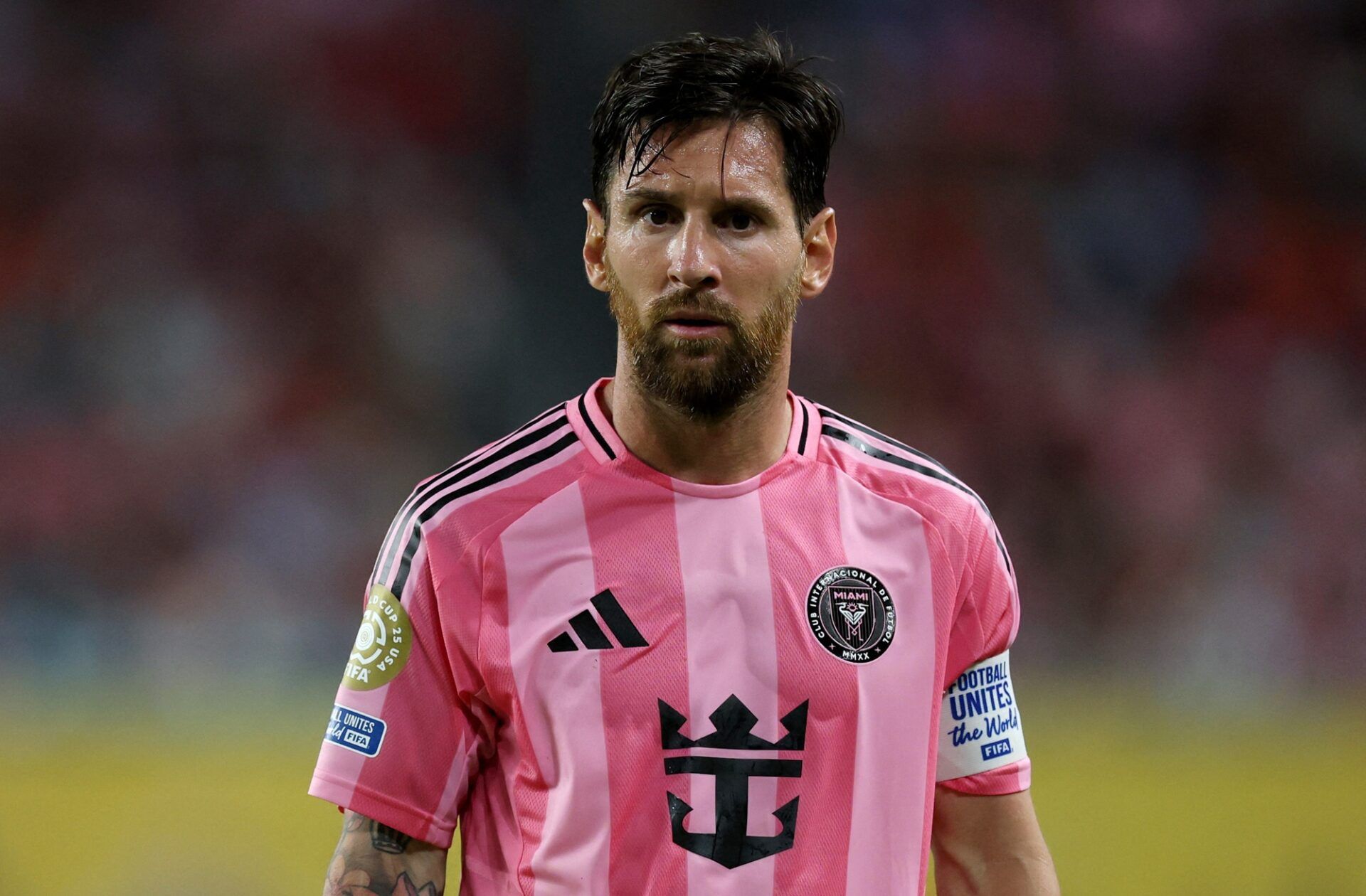 [Subscription Customers Only] Jun 14, 2025; Miami Gardens, Florida, USA; Inter Miami CF forward Lionel Messi (10) reacts against Al Ahly FC during a group stage match of the 2025 FIFA Club World Cup at Hard Rock Stadium.