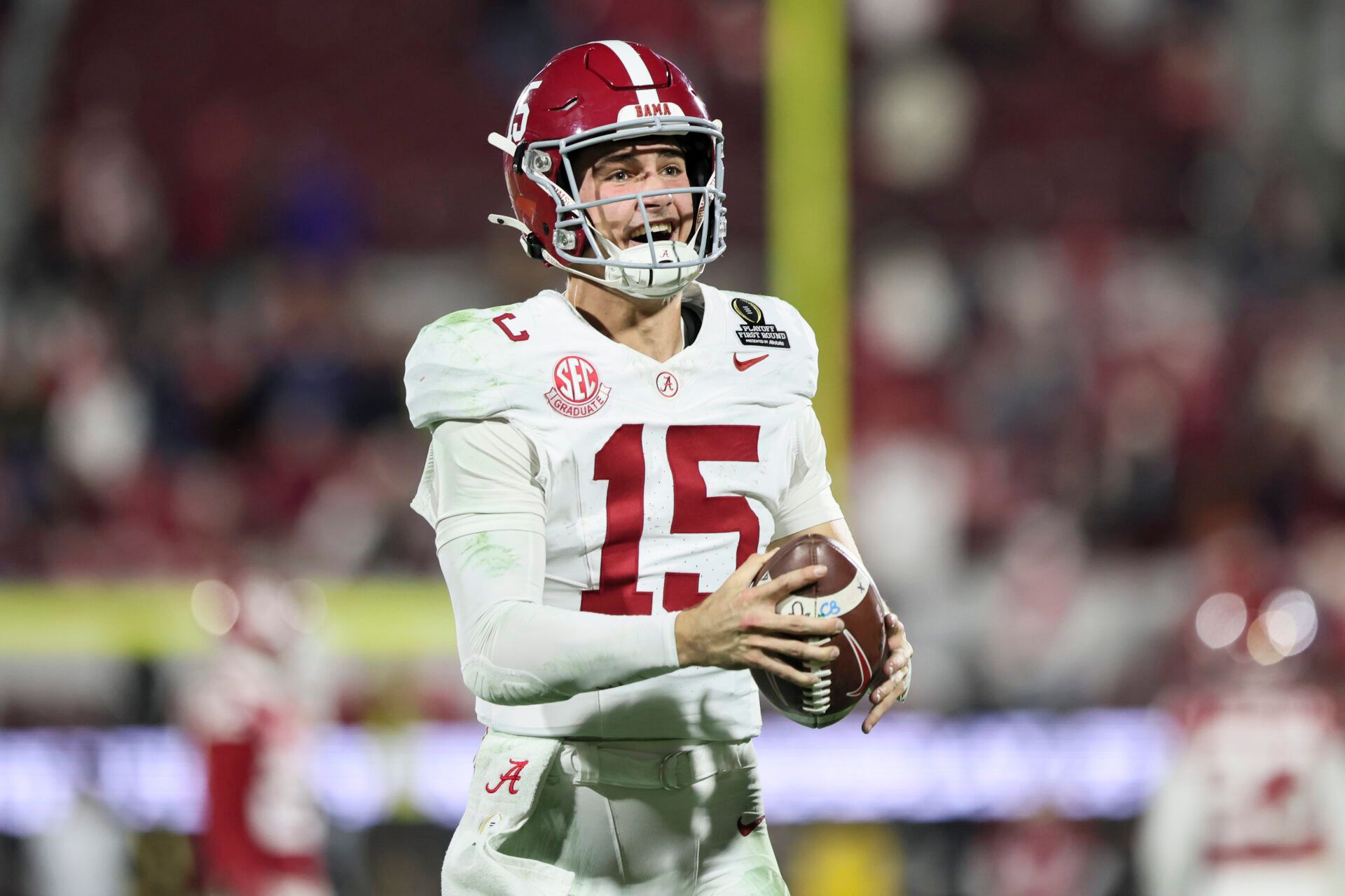 Alabama Crimson Tide quarterback Ty Simpson (15) celebrates a win after a game against the  Oklahoma Sooners at Gaylord Family OK Memorial Stadium.
