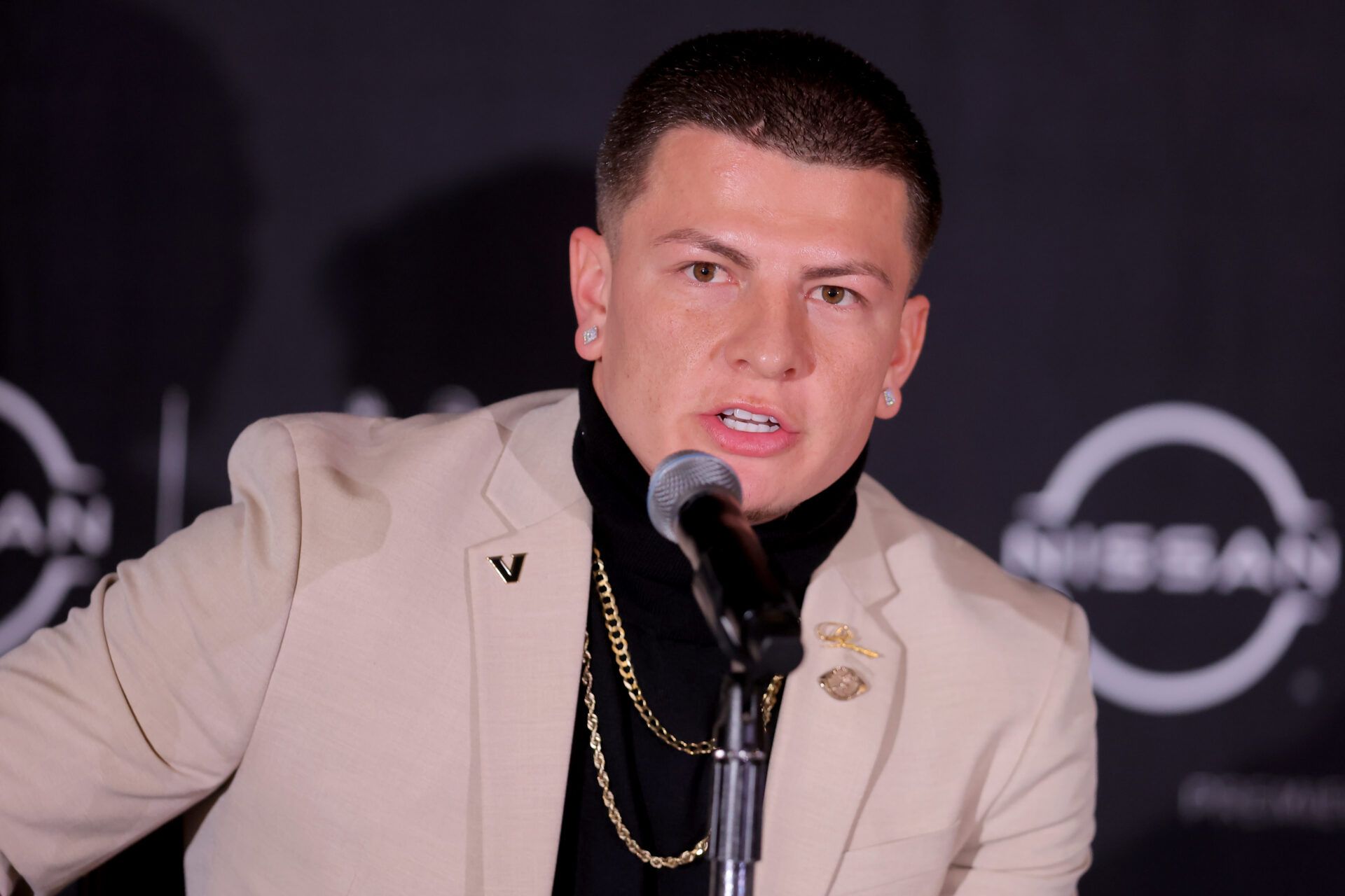Vanderbilt Commodores quarterback Diego Pavia speaks to the media during a press conference at the New York Marriott Marquis before the presentation of the Heisman trophy.
