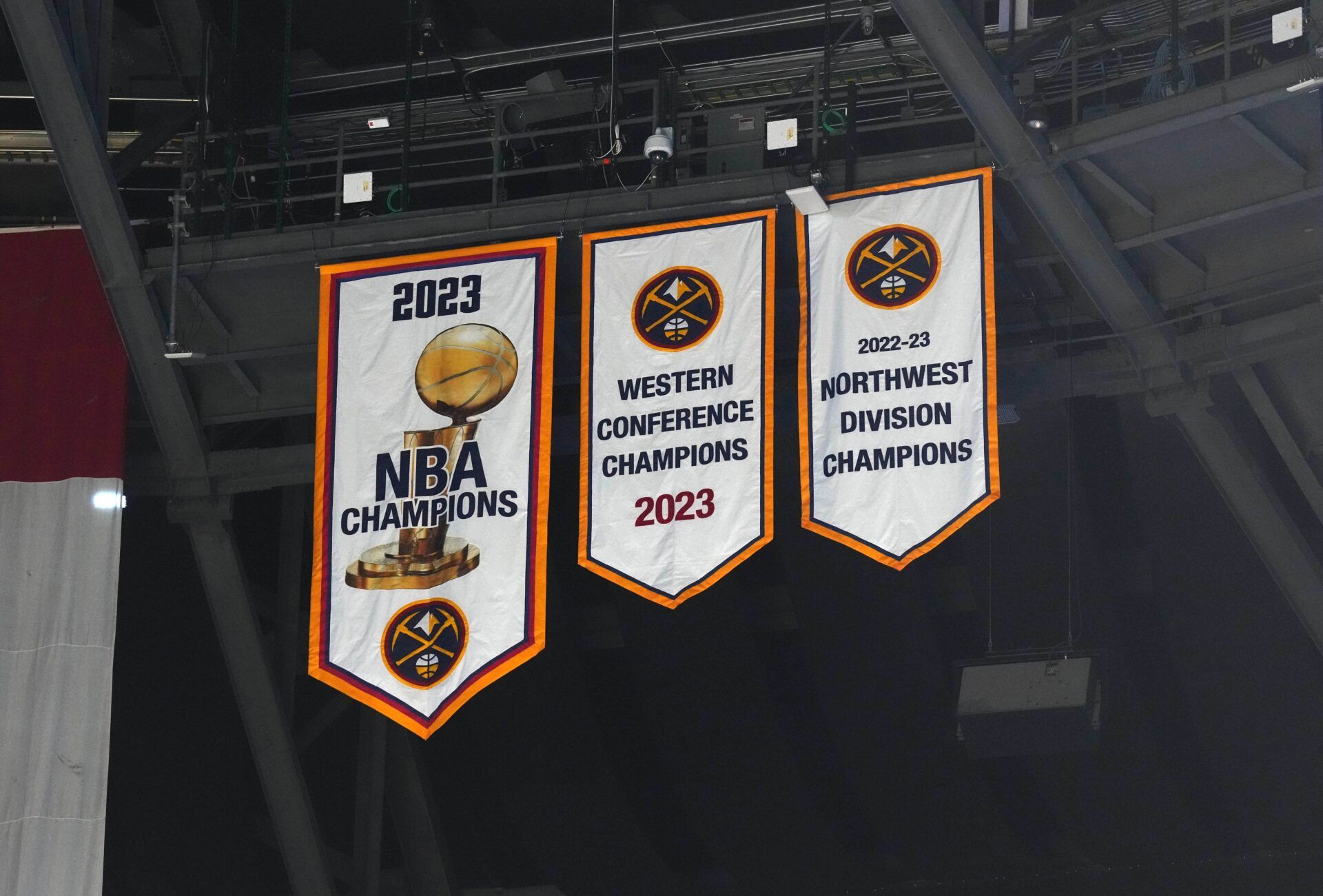 General view of the Denver Nuggets 2023 championship banners before the game at Ball Arena.