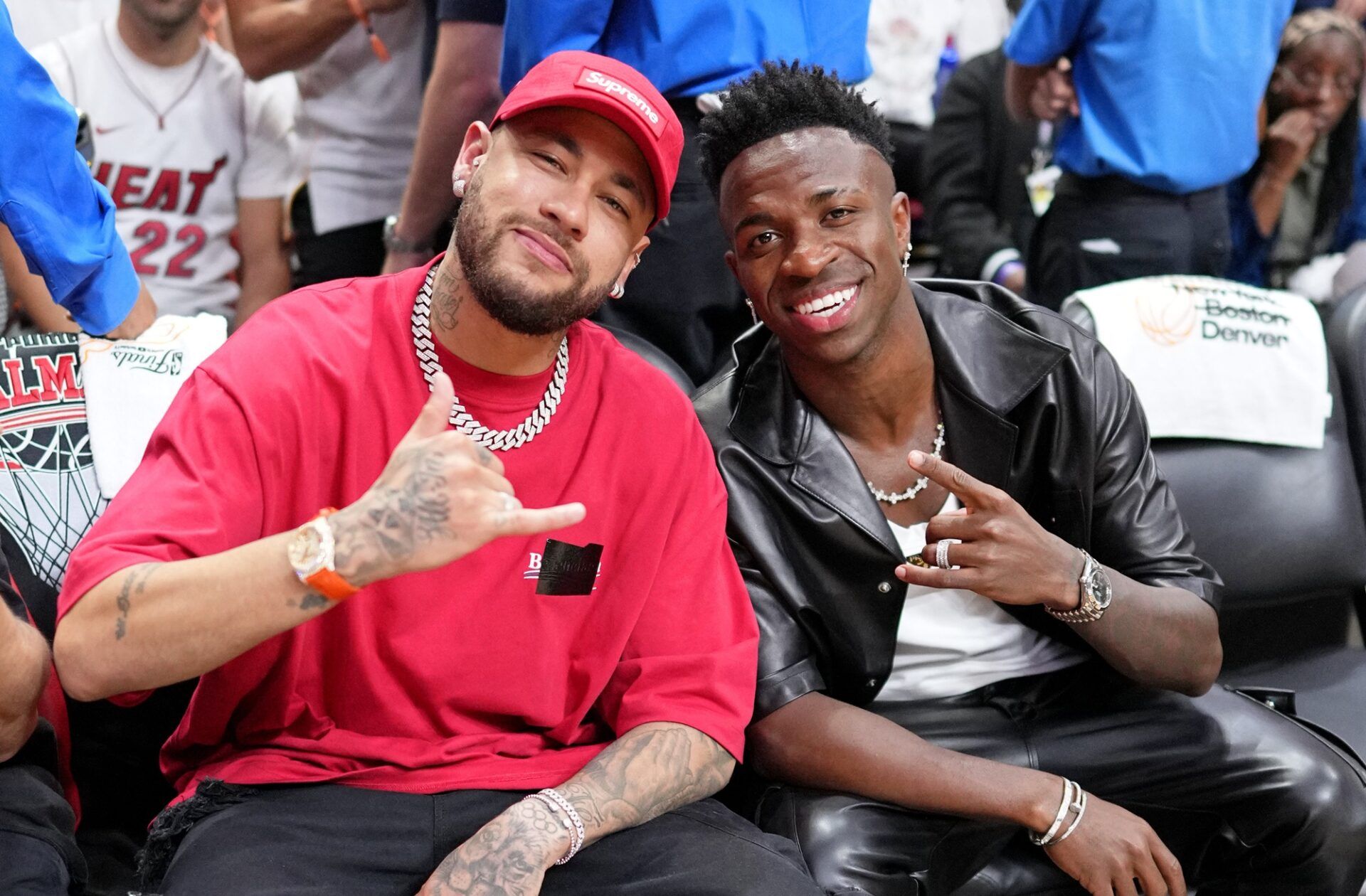 Brazilian soccer players Neymar and Vinicius Jr. pose for a photo before game four of the 2023 NBA Finals between the Miami Heat and Denver Nuggets at Kaseya Center.