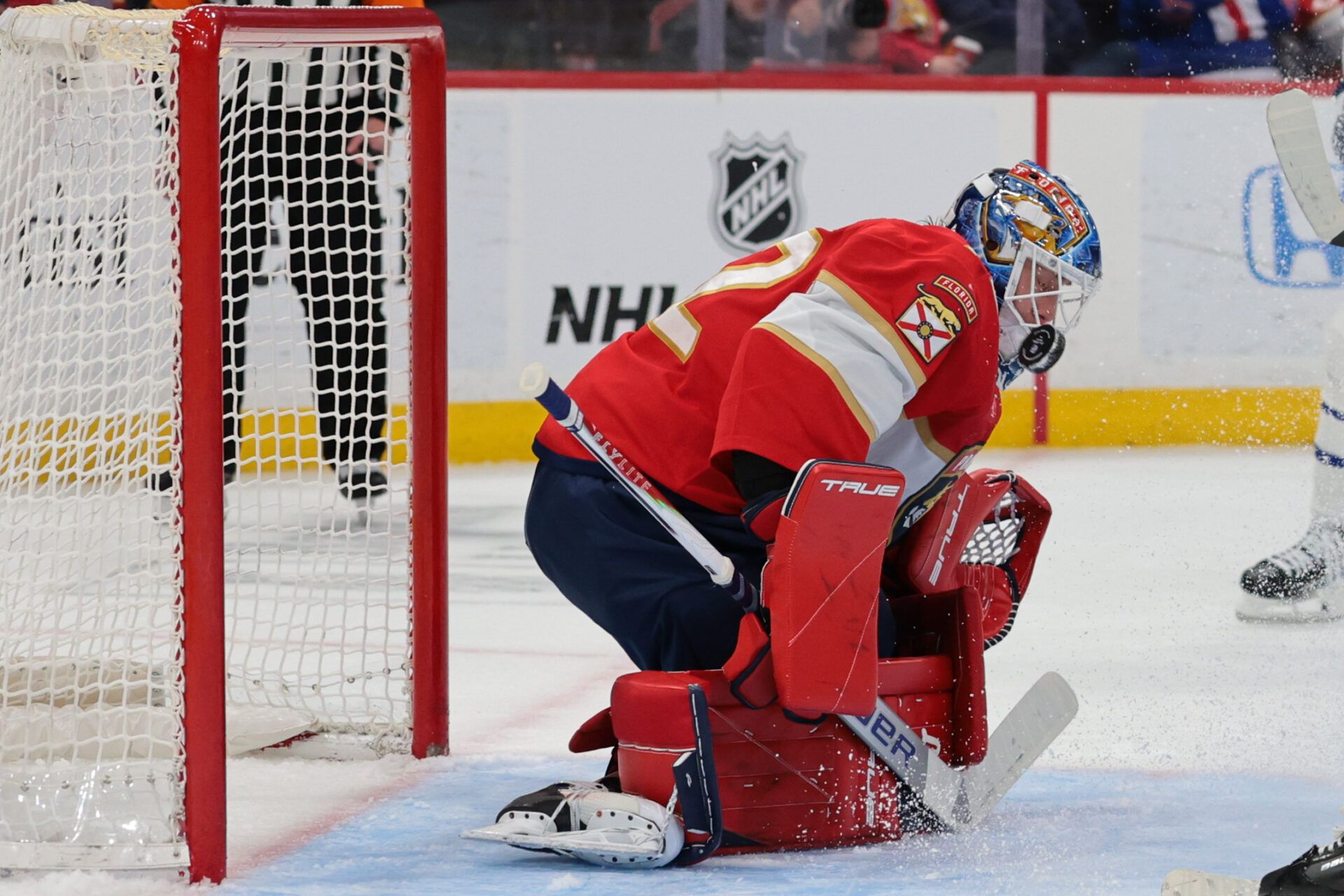 Florida Panthers goaltender Sergei Bobrovsky (72) makes a save against the Toronto Maple Leafs during the second period at Amerant Bank Arena.