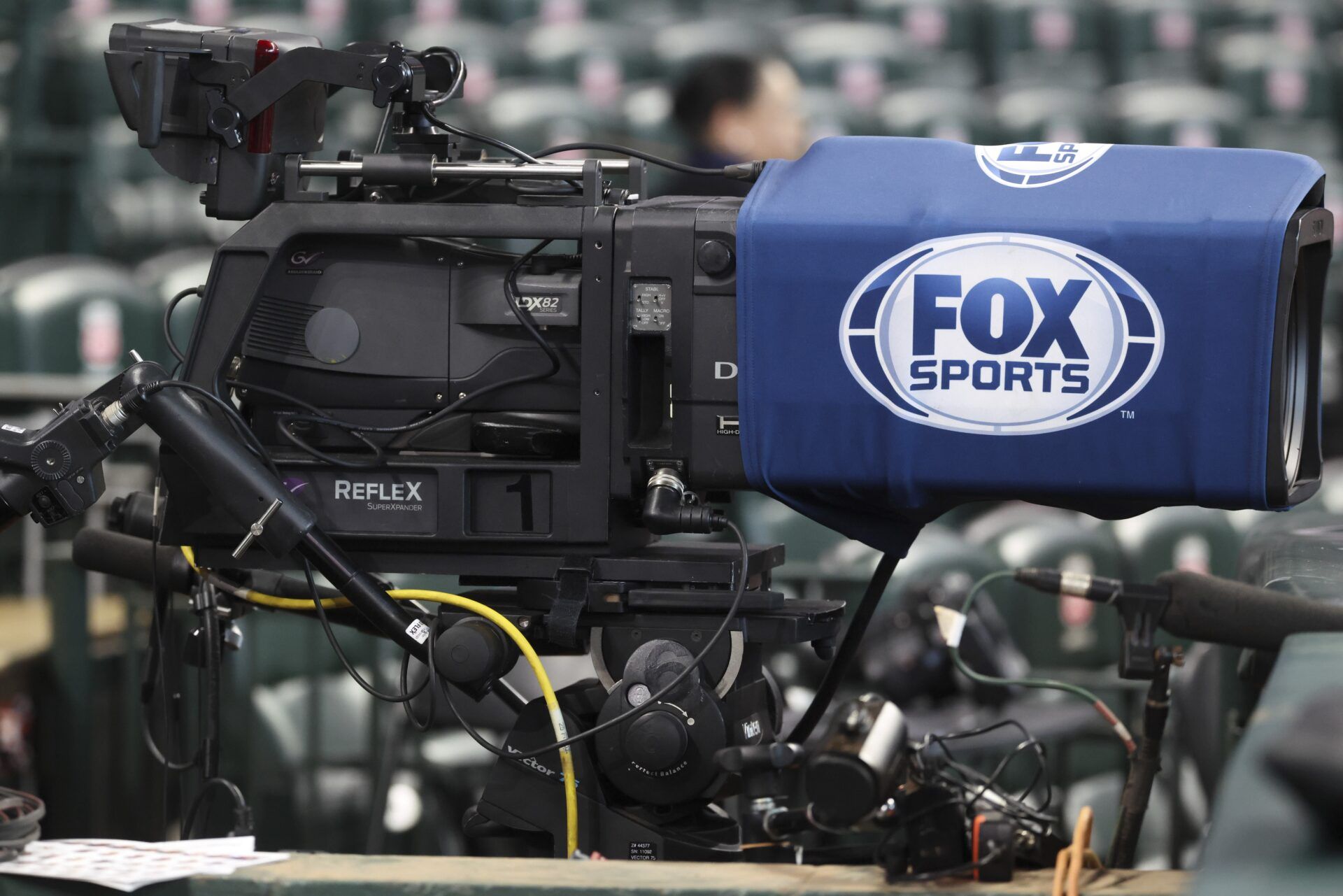 View of a camera with a Fox Sports logo before the game between the Houston Astros and the New York Mets at Daikin Park.