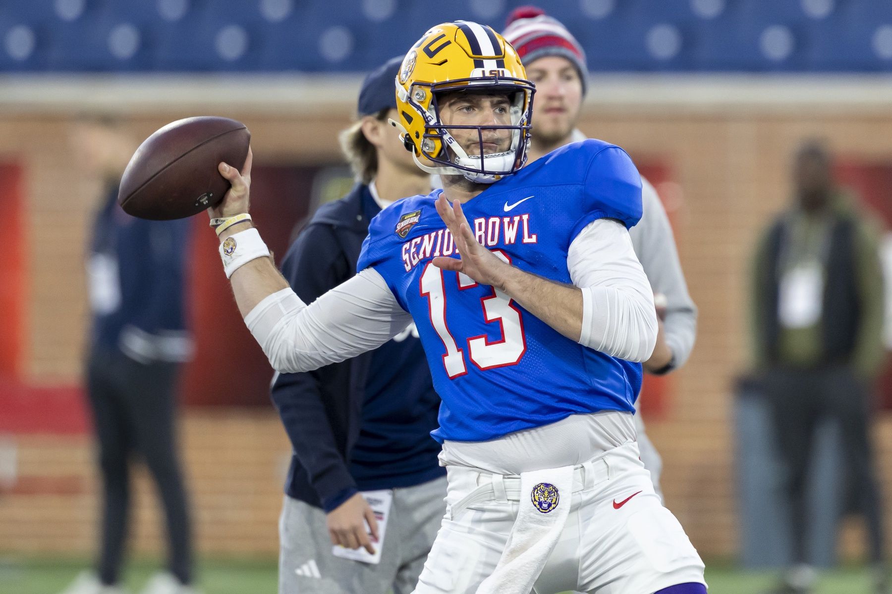 American Team quarterback Garrett Nussmeier (13) of LSU throws the ball during American Senior Bowl practice at Hancock Whitney Stadium.