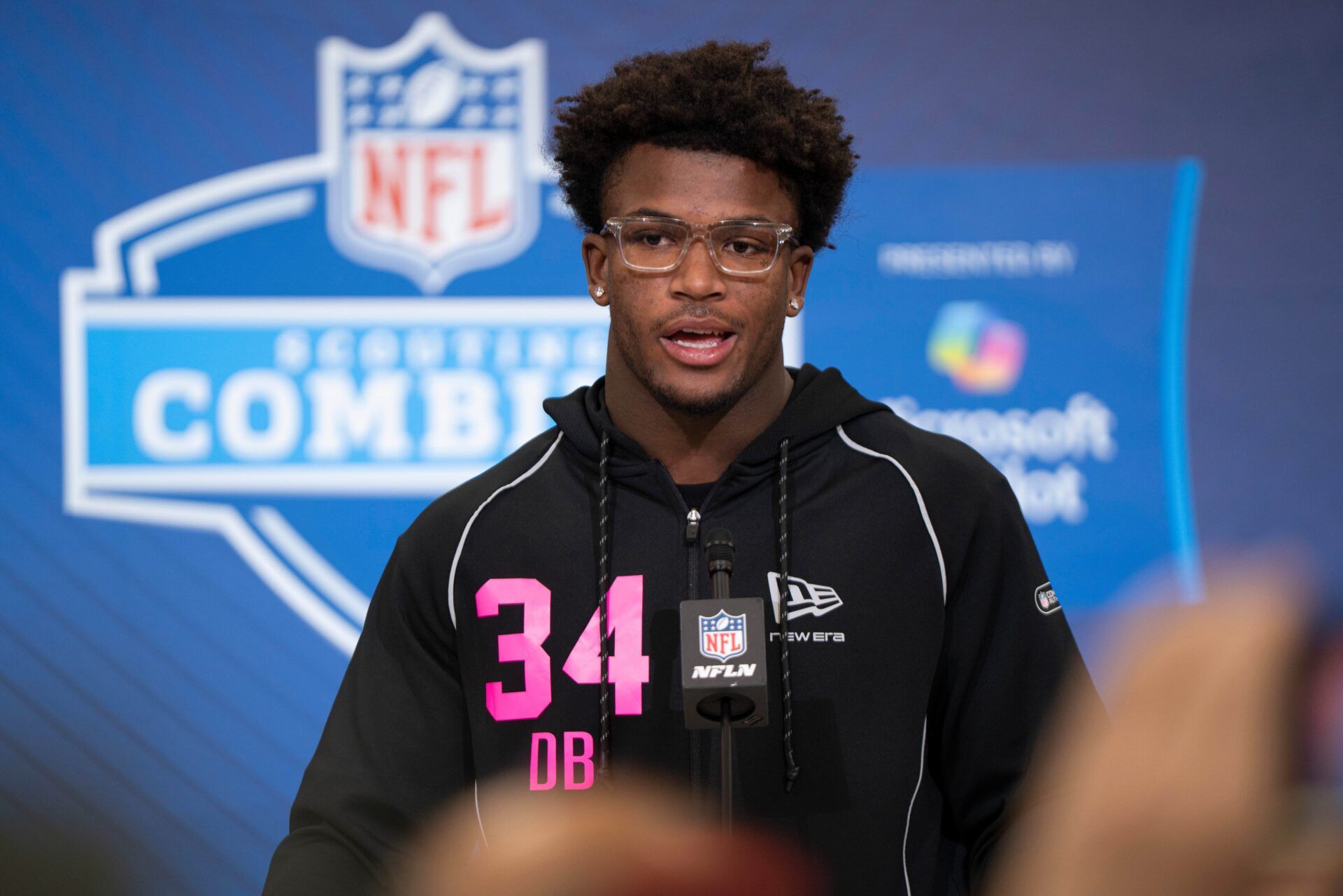 Ohio State defensive back Caleb Downs (DB34) speaks to members of the media during the NFL Combine at the Indiana Convention Center.
