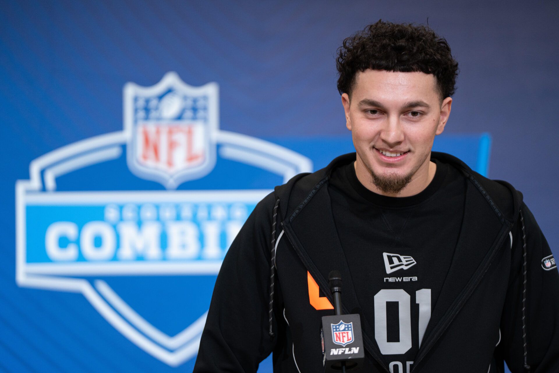 Tennessee quarterback Joey Aguilar (QB01) speaks to members of the media during the NFL Combine at the Indiana Convention Center.