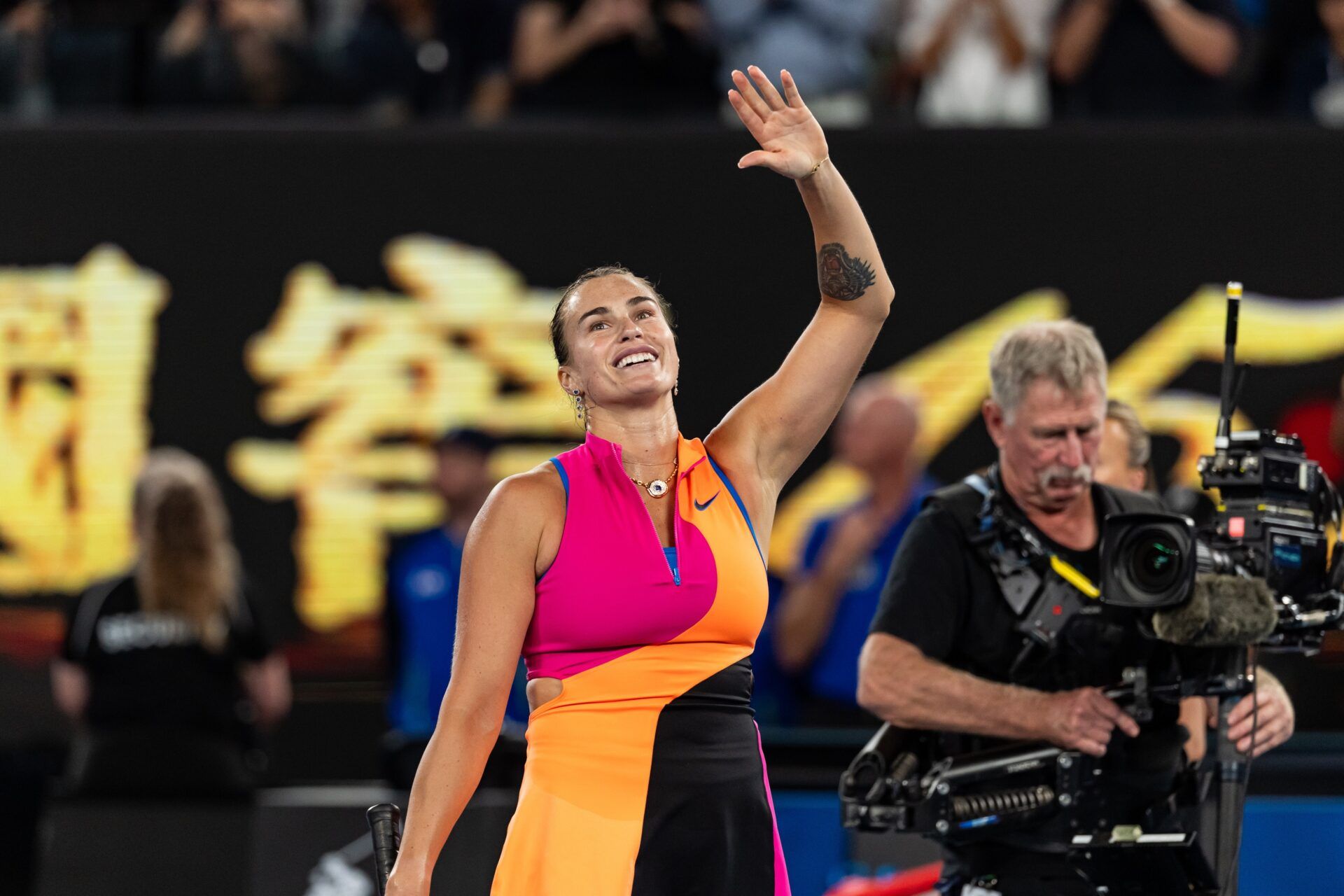 Aryna Sabalenka celebrates her victory over Elina Svitolina of Ukraine in the semifinals of the womens singles at the Australian Open at Rod Laver Arena in Melbourne Park.