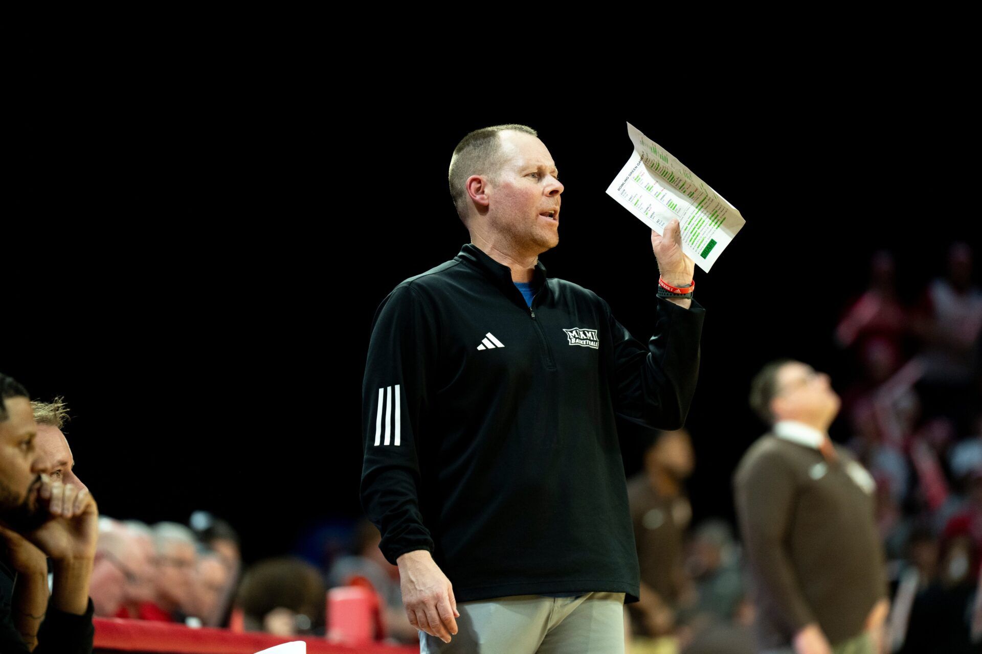 Miami RedHawks head coach Travis Steele coaches in the second half of the NCAA game on Feb. 20, 2026 at Millett Hall in Oxford, Ohio.