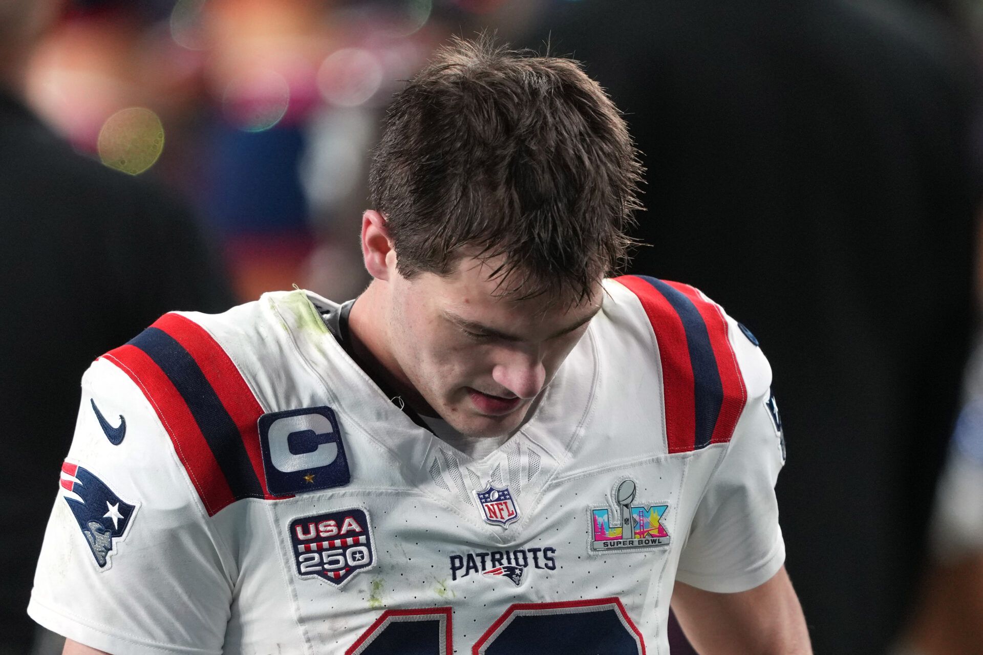New England Patriots quarterback Drake Maye (10) walks off of the field after the game against the Seattle Seahawks in Super Bowl LX at Levi's Stadium.