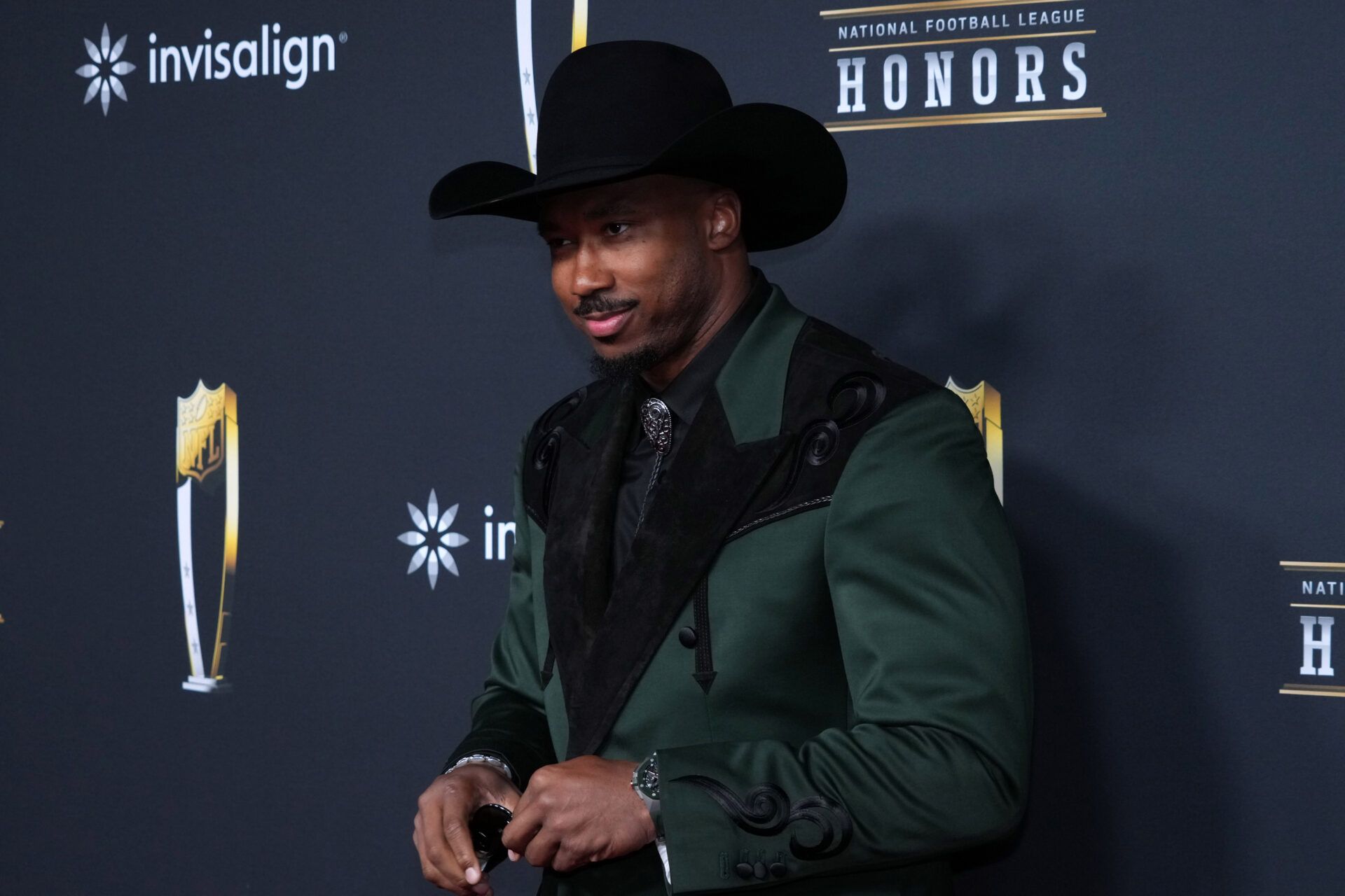 Myles Garrett poses on the NFL Honors Red Carpet before Super Bowl LX at Palace of Fine Arts.