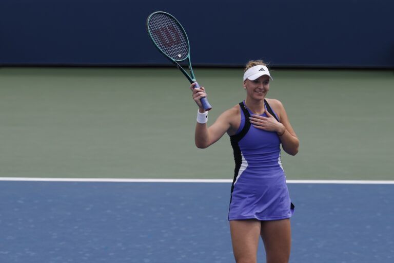 Ashlyn Krueger (USA) celebrates after her match against Mirra Andreeva (not pictured) in a women's singles match on day four of the 2024 U.S. Open tennis tournament at Billie Jean King National Tennis Center.