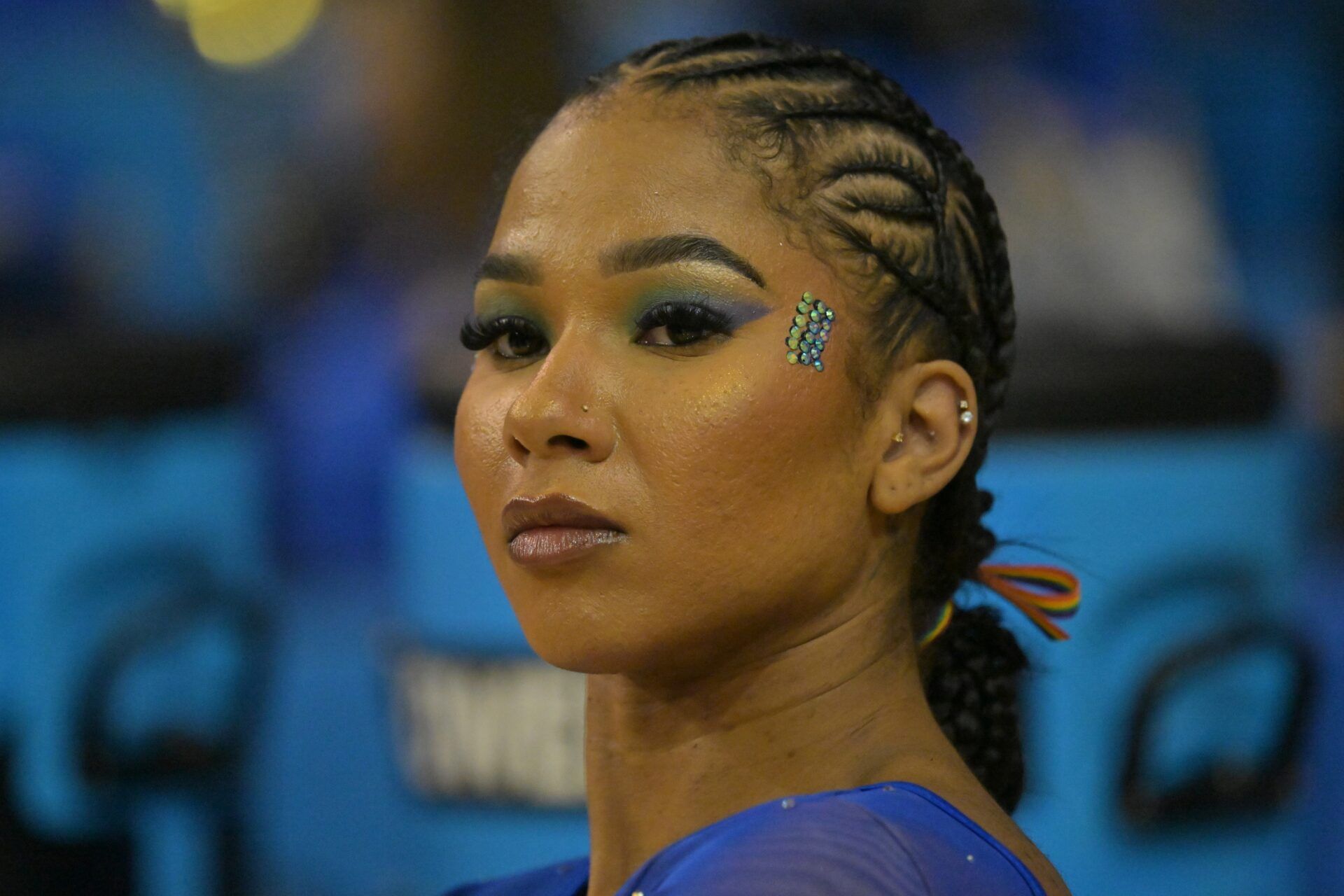 UCLA Bruins Jordan Chiles looks on during the gymnastics meet against the Washington Huskies at Pauley Pavilion.