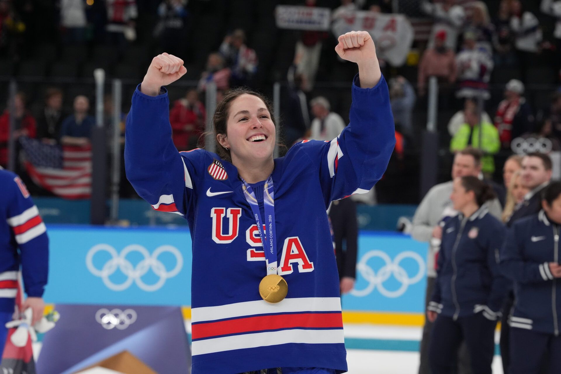 Abbey Murphy (37) of the United States celebrates after winning the gold medal in women's ice hockey after defeating Canada during the Milano Cortina 2026 Olympic Winter Games at Milano Santagiulia Ice Hockey Arena.