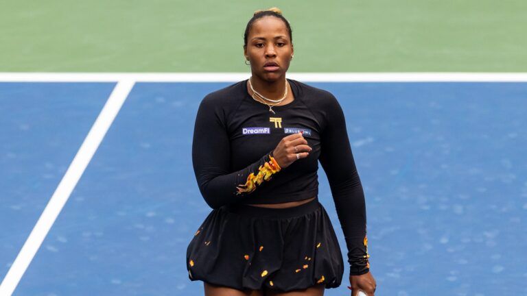Taylor Townsend of the United States and Katerina Siniakova of Czech Republic in action against Venus Williams of the United States and Leylah Fernandez of Canada in the quarterfinal of the women’s doubles at the US Open at Louis Armstrong Stadium in Billie Jean King National Tennis Center.