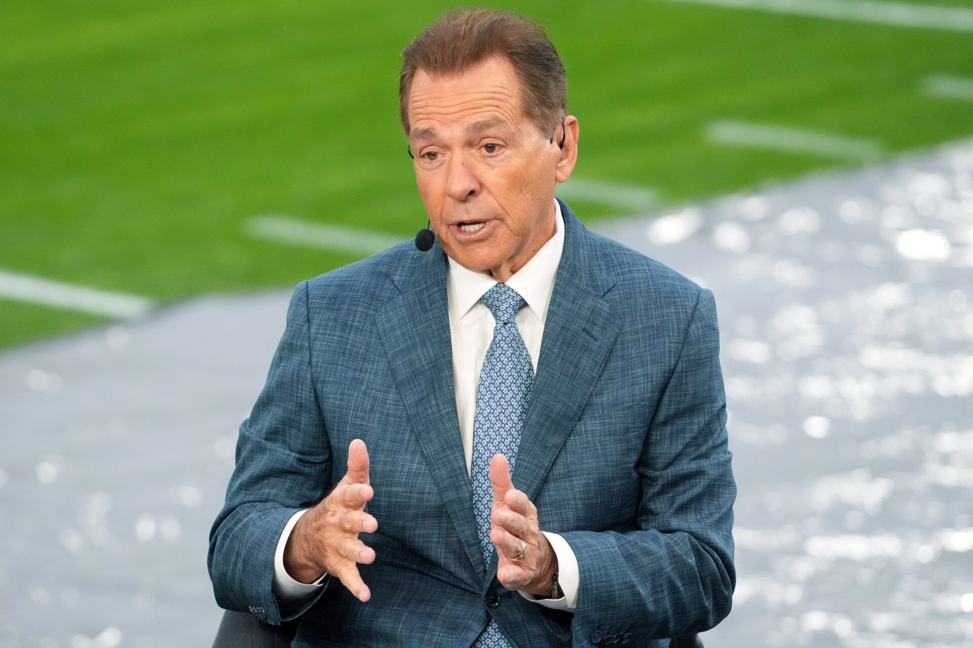 Nick Saban on the ESPN College Gameday set during the 2026 Rose Bowl and quarterfinal game of the College Football Playoff at Rose Bowl Stadium.