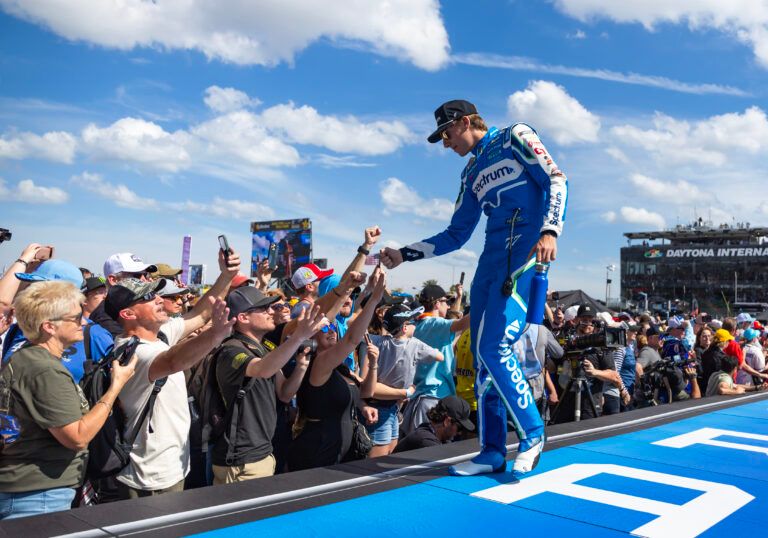 NASCAR Cup Series driver Carson Hocevar greets fans prior to the 68th running of the Daytona 500 at Daytona International Speedway.