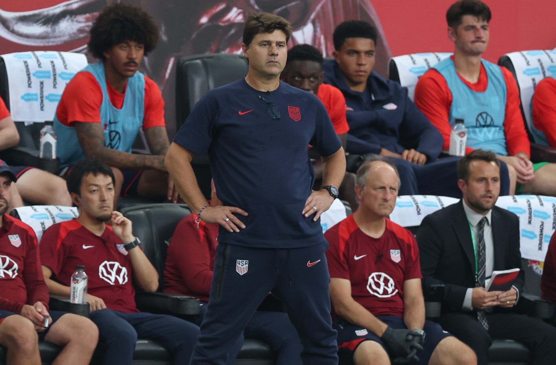 US Men's National Team head coach Mauricio Pochettino looks on during the first half against South Korea at Sports Illustrated Stadium.