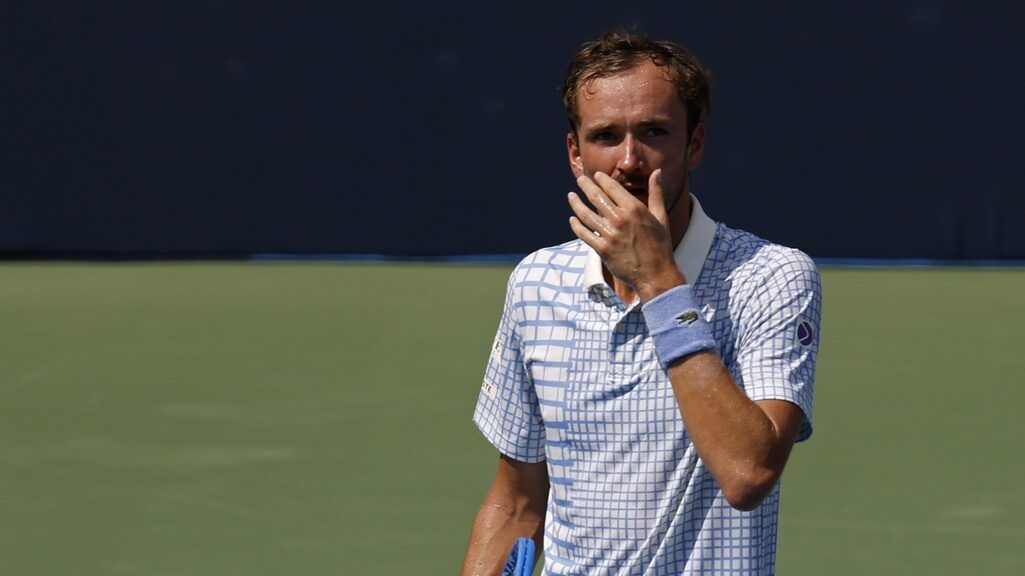 Daniil Medvedev reacts after missing a shot against Corentin Moutet (FRA)(not pictured) in a men's singles quarter final of the Mubadala Citi DC Open at Rock Creek Park Tennis Center.
