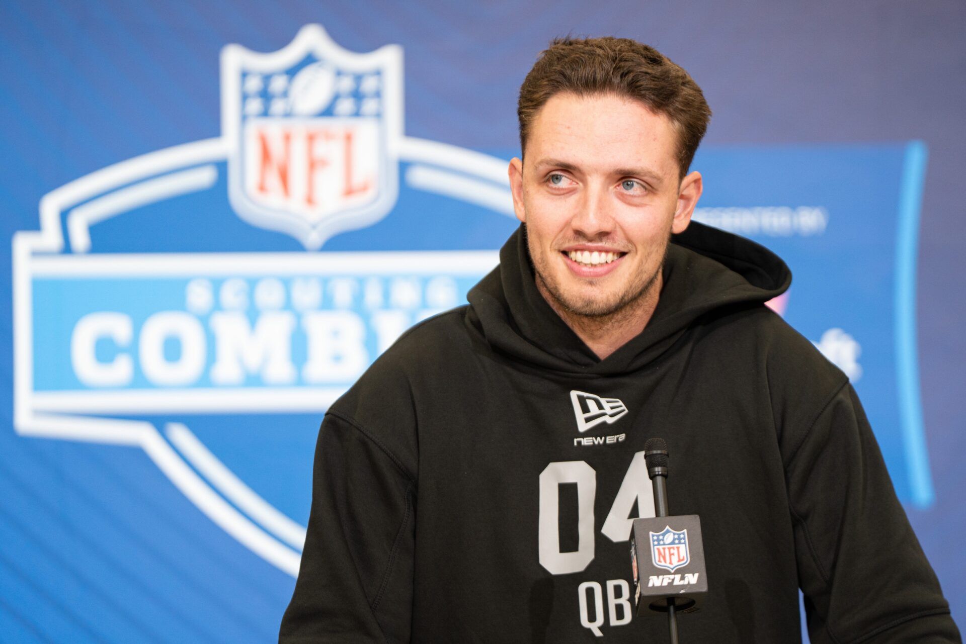 Miami quarterback Carson Beck (QB04) speaks to members of the media during the NFL Combine at the Indiana Convention Center.