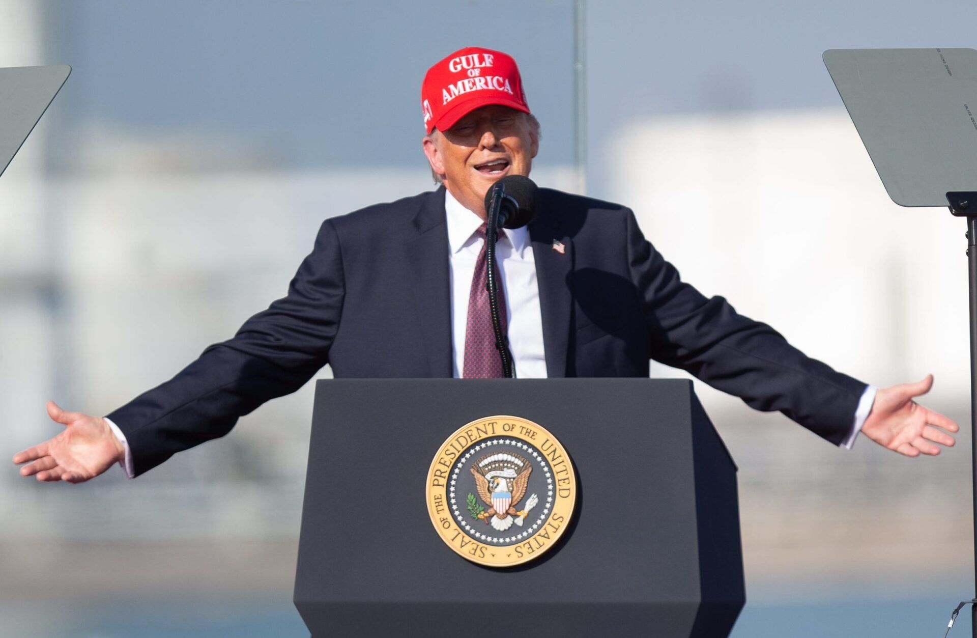 President Donald Trump speaks to a crowd at the Port of Corpus Christi in Corpus Christi, Texas. Image via Imagn.