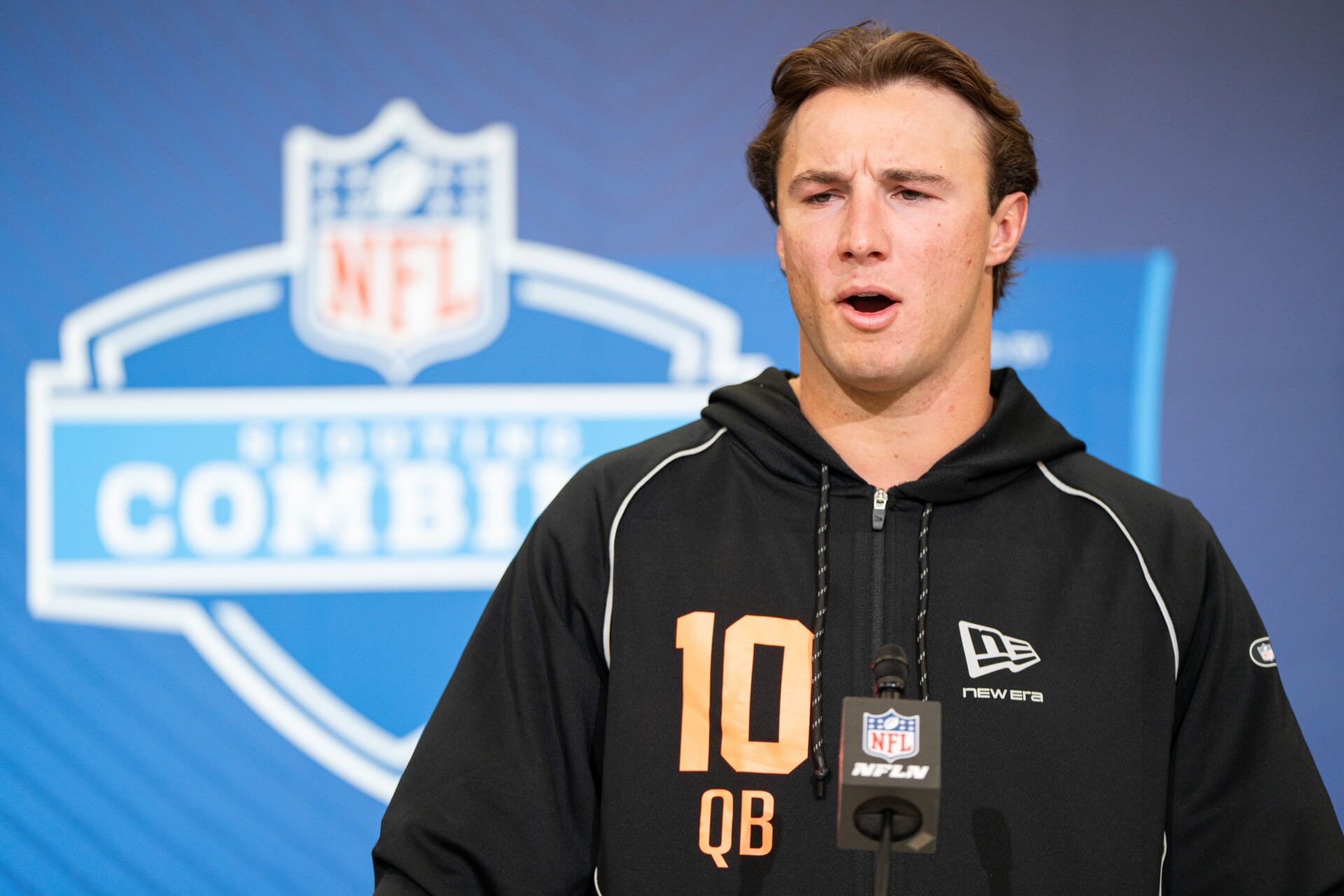 Clemson quarterback Cade Klubnik (QB10) speaks to members of the media during the NFL Combine at the Indiana Convention Center.