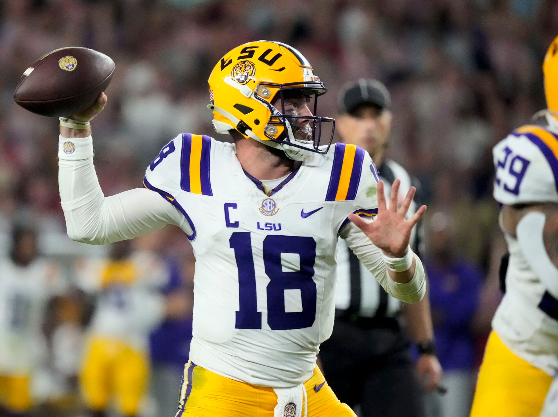 LSU quarterback Garrett Nussmeier (18) throws a pass during the second half of the game with Alabama at Saban Field at Bryant-Denny Stadium. Alabama defeated LSU 20-9.