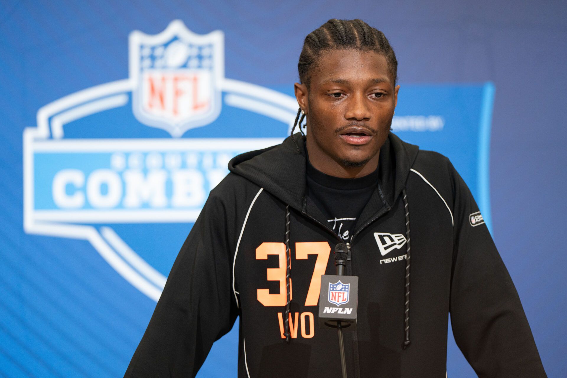 Ohio State wideout Carnell Tate (WO37) speaks to members of the media during the NFL Combine at the Indiana Convention Center.